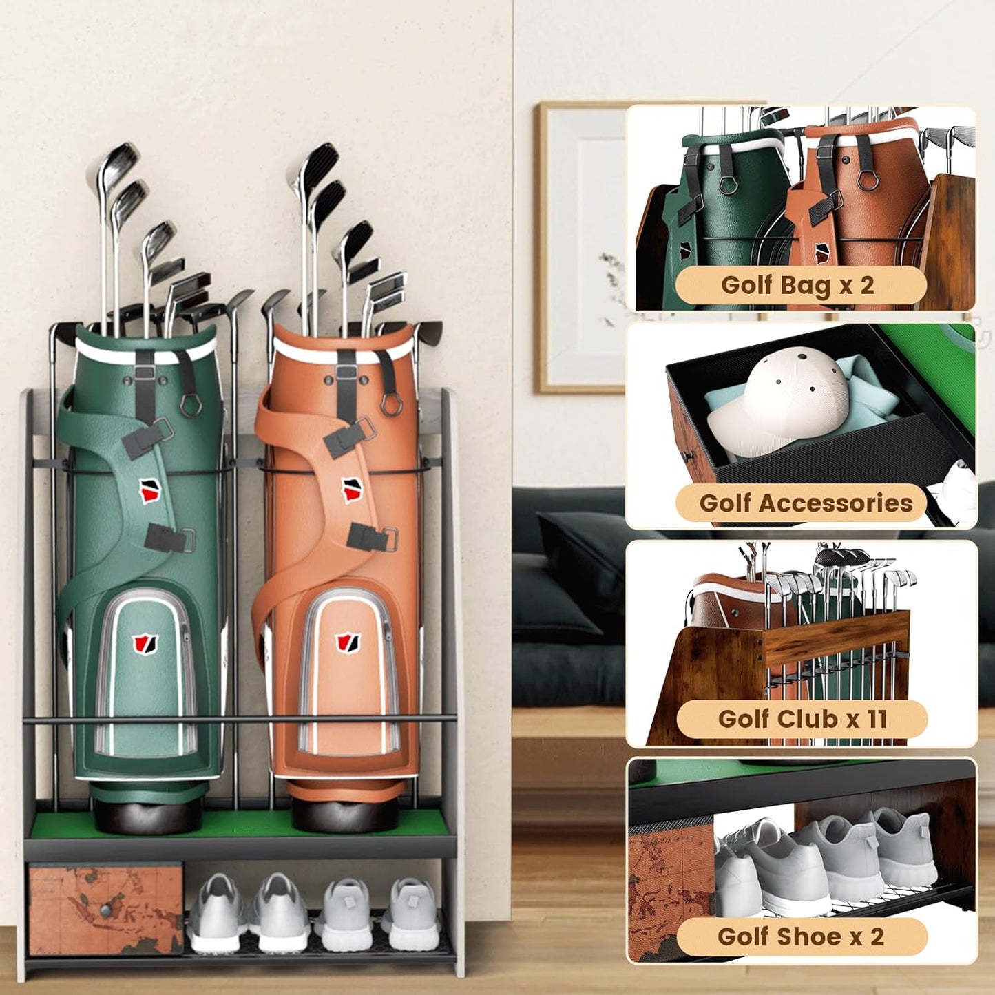 Golf Bag Organizer Storage for 2 Bags with Drawer – Easy Assemble Golf Club Stand Ideal for Garage, Clubs and Basement