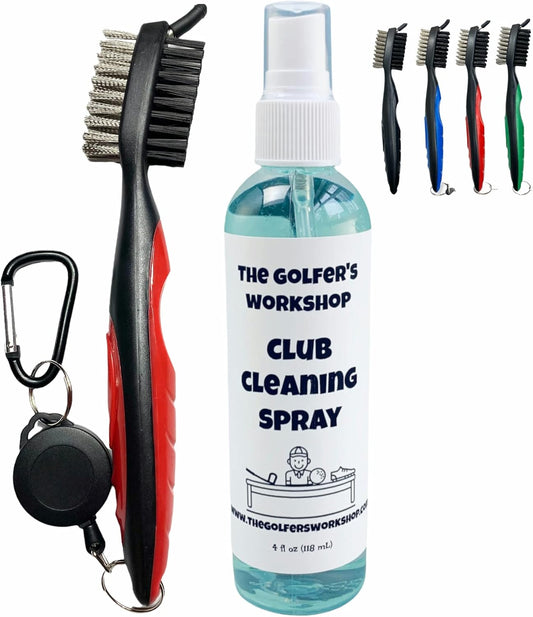 The Golfer's Workshop 4oz Club Cleaning Spray and Golf Club Brush with Groove Cleaner, 2ft Retractable Zip-line, Carabiner Clip