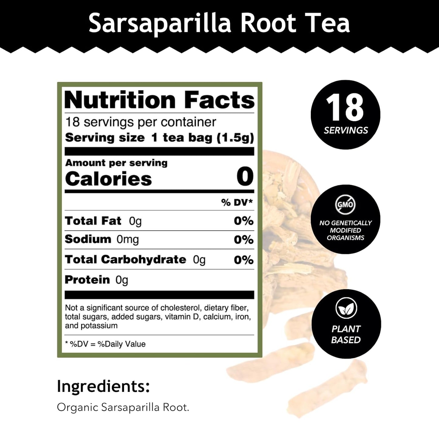 Buddha Teas - Organic Sarsaparilla Root Tea - Herbal Tea - Digestion & Skin Health - With Antioxidants & Minerals - Clean Ingredients - Caffeine Free - OU Kosher - 18 Tea Bags (Pack of 1)