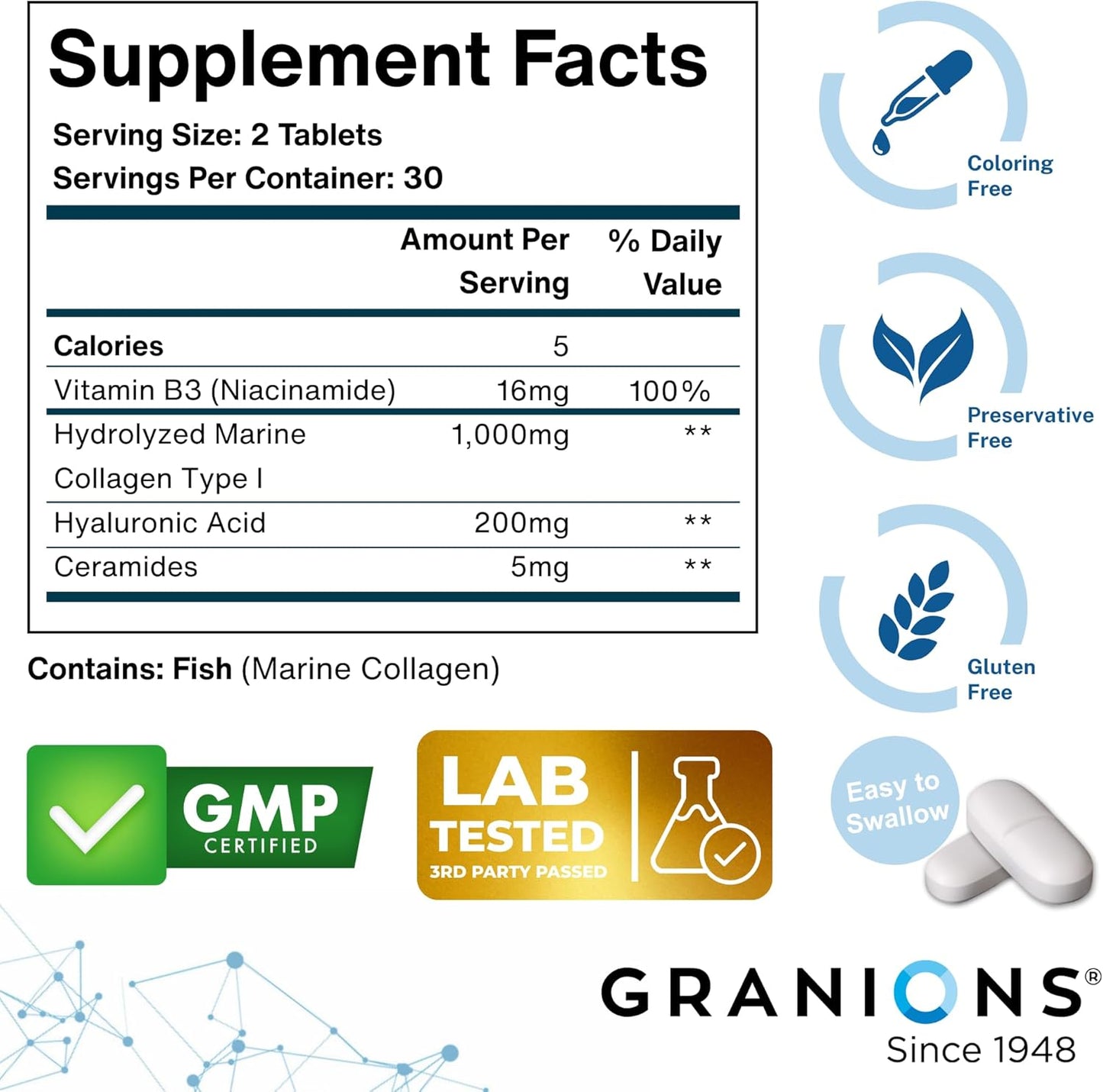 Hyaluronic Acid Supplements 200mg - Marine Collagen Peptides, Vitamin B3 Niacinamide, Ceramides Supplement - Deep Hydration & Anti-Aging Skin Care Complex for Women and Men - 60 Foil Sealed Tablets