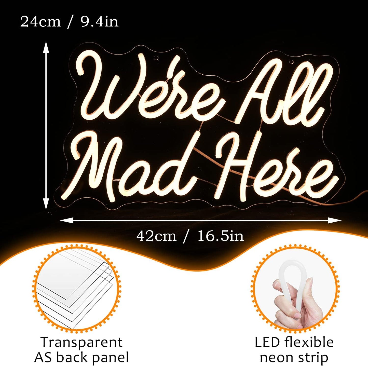 We Are All Mad Here Neon Sign Letter LED Neon Lights Dimmable USB Powered 16.5’’X9.4’’Cool Wall Decorative Light Bedroom Bar Birthday Party Decoration Gifts （Warm White）