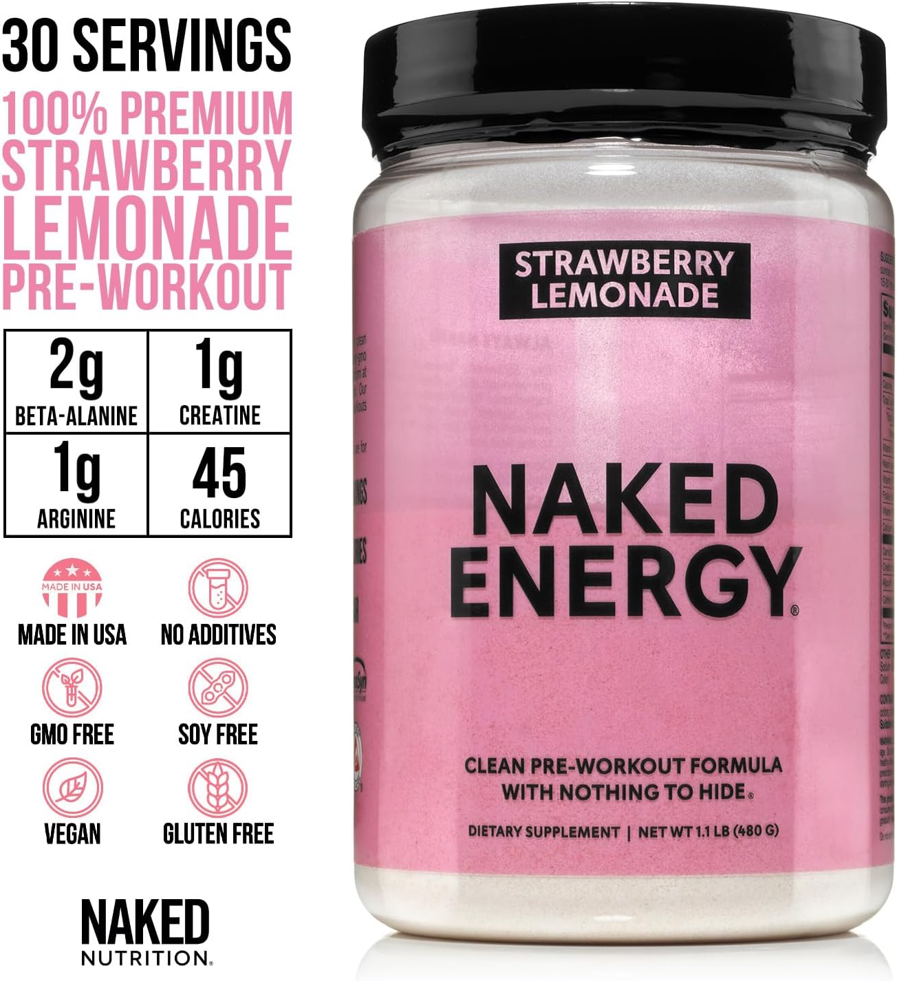 NAKED Strawberry Lemonade Energy - Clean Pre Workout Supplement for Men and Women, Vegan Friendly, No Added Sweeteners, Colors Or Flavors - 30 Servings