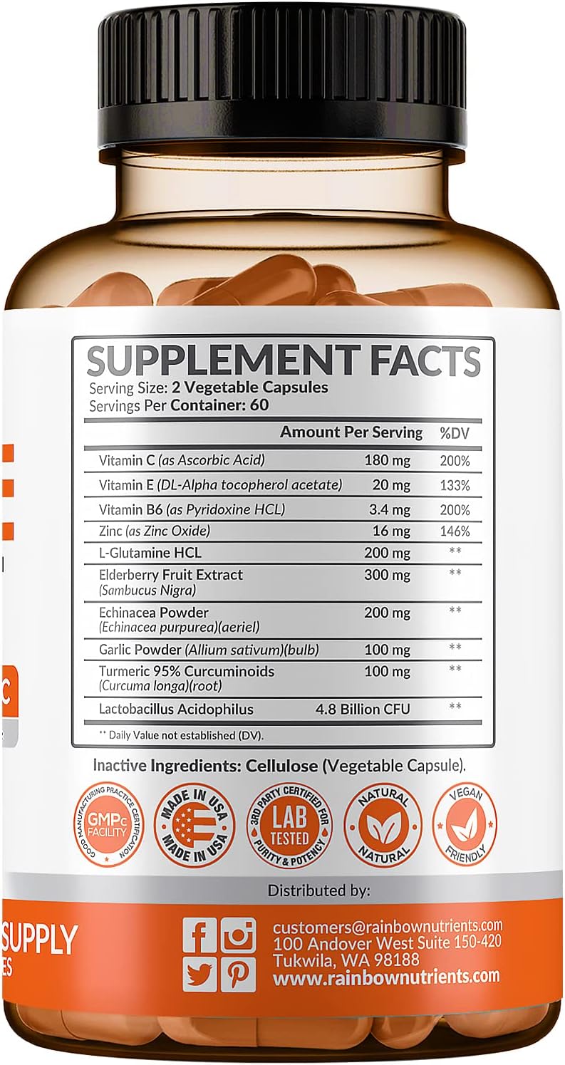 10 in 1 Immune Support Supplement (No Fillers) | Vitamin C, Zinc, Elderberry, Echinacea, Turmeric, Probiotics |Immunity Booster for Multi-System Immune Defense, Respiratory & Gut health |60 Day Supply