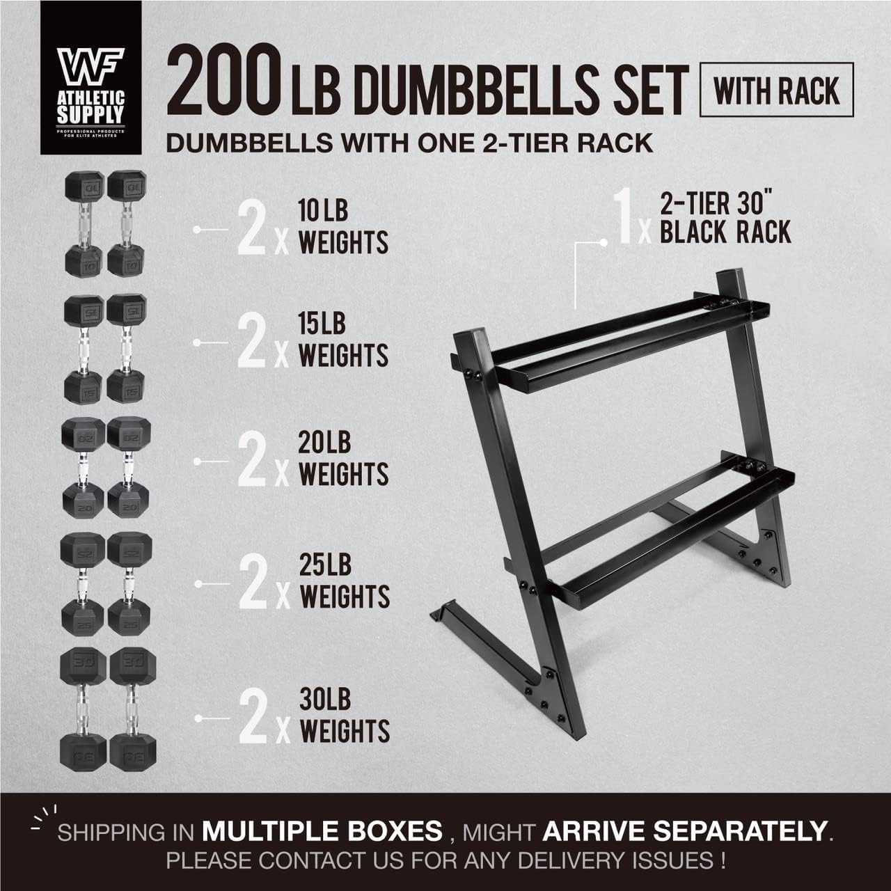 WF Athletic Supply 200Lb Dumbbell Set, 10-30Lb Dumbbell Set with Two-Tier Storage Rack for Muscle Toning, Strength Building & Weight Loss - Multiple Choices Available