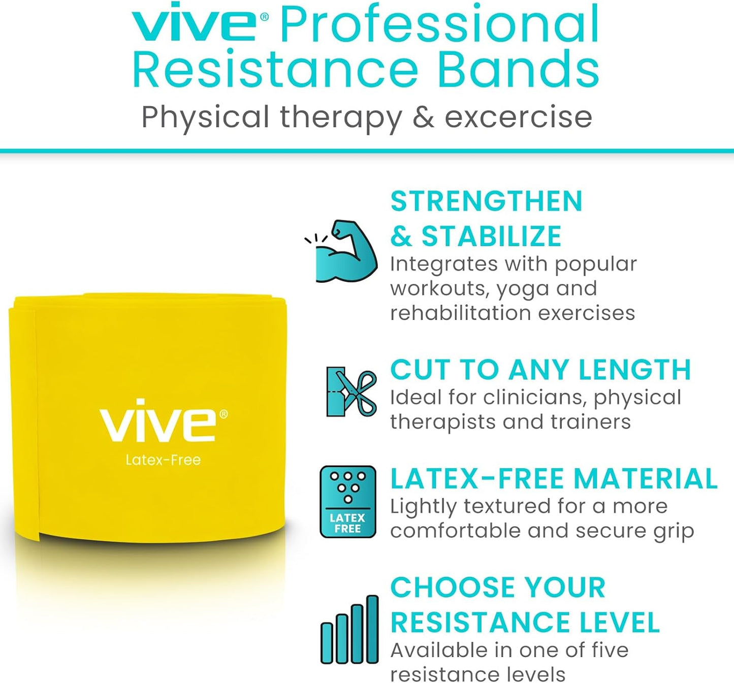 Vive Professional Resistance Bands - 25 Yard Non-Latex Roll for Physical Therapy, Lower and Upper Body Exercise Workout - Straight Elastic for Strength Training, Rehabilitation, Women, Men