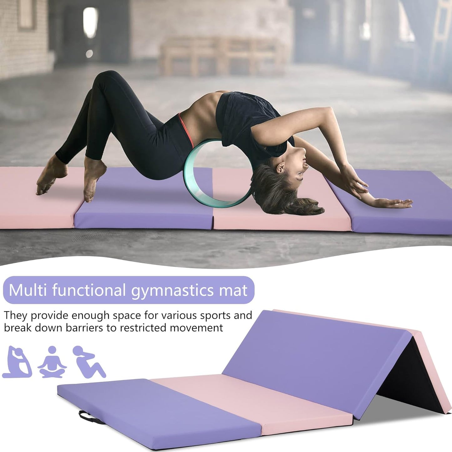 Gymnastics Tumbling Mats Portable Gymnastics Mat Foldable Tumbling Mat 2'x6'/4'x8' PU Leather Exercise Mat Yoga Mat with Carrying Handles for home Workout outdoor Yoga Gymnastics