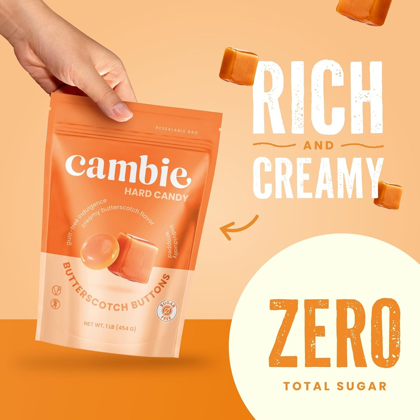 Cambie Sugar Free Butterscotch Hard Candy – 1 lb of Individually Wrapped Sugar Free Hard Candy, Smooth & Creamy Butterscotch Buttons, Keto & Diabetic Friendly