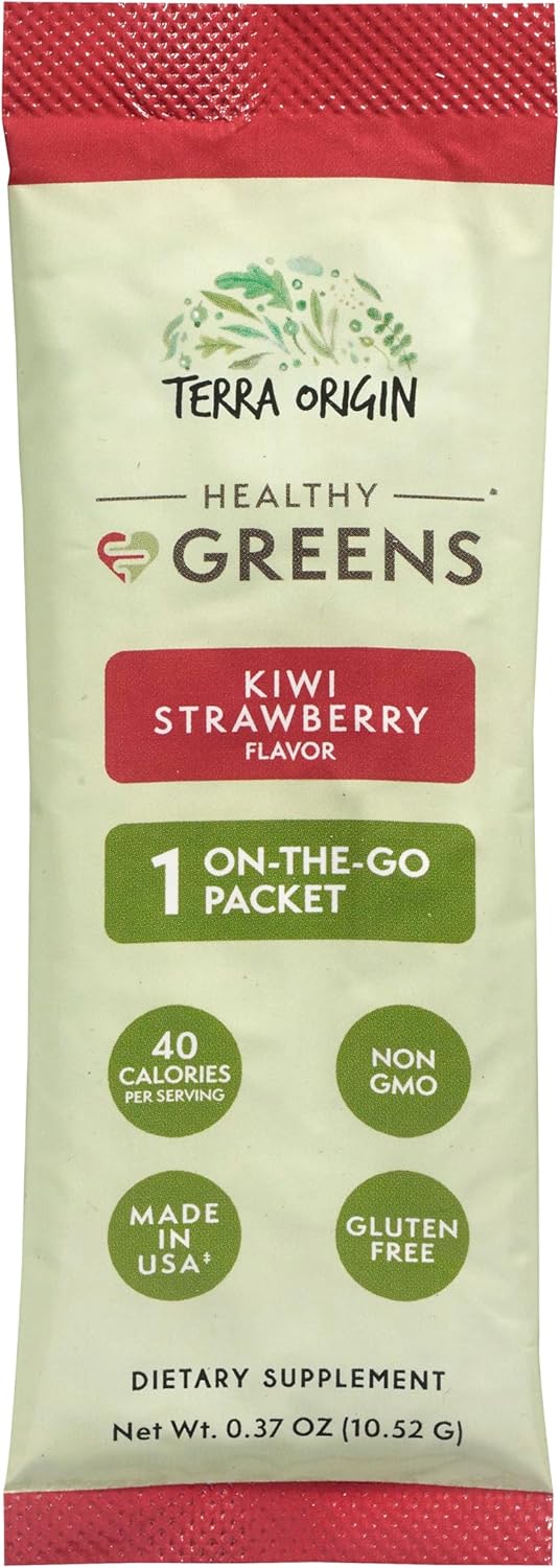 TERRA ORIGIN Greens Powder Packets | 74+ Vitamin and Superfoods | Supports Gut Health, Bloating, and Energy | with Antioxidant, Digestive Enzymes, Adaptogens | Kiwi Strawberry (15 Packets)