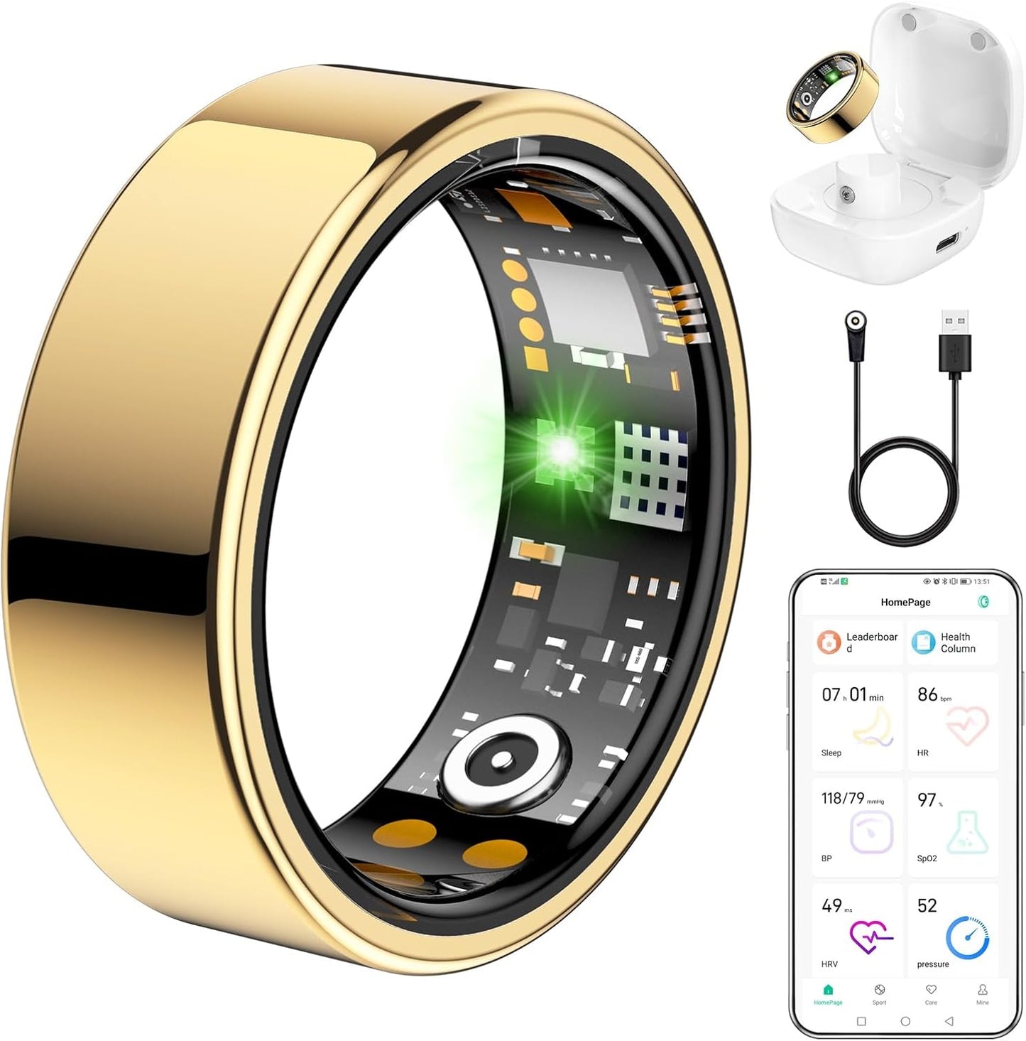 Ring Health Tracker for Women Men, Fit Ring with Heart Rate, Blood Oxygen, Sleep Monitor, Calories, Step Counter, IP68 Waterproof Smart Ring for iPhone & Android, No Subscription Fee (Gold, 13#)