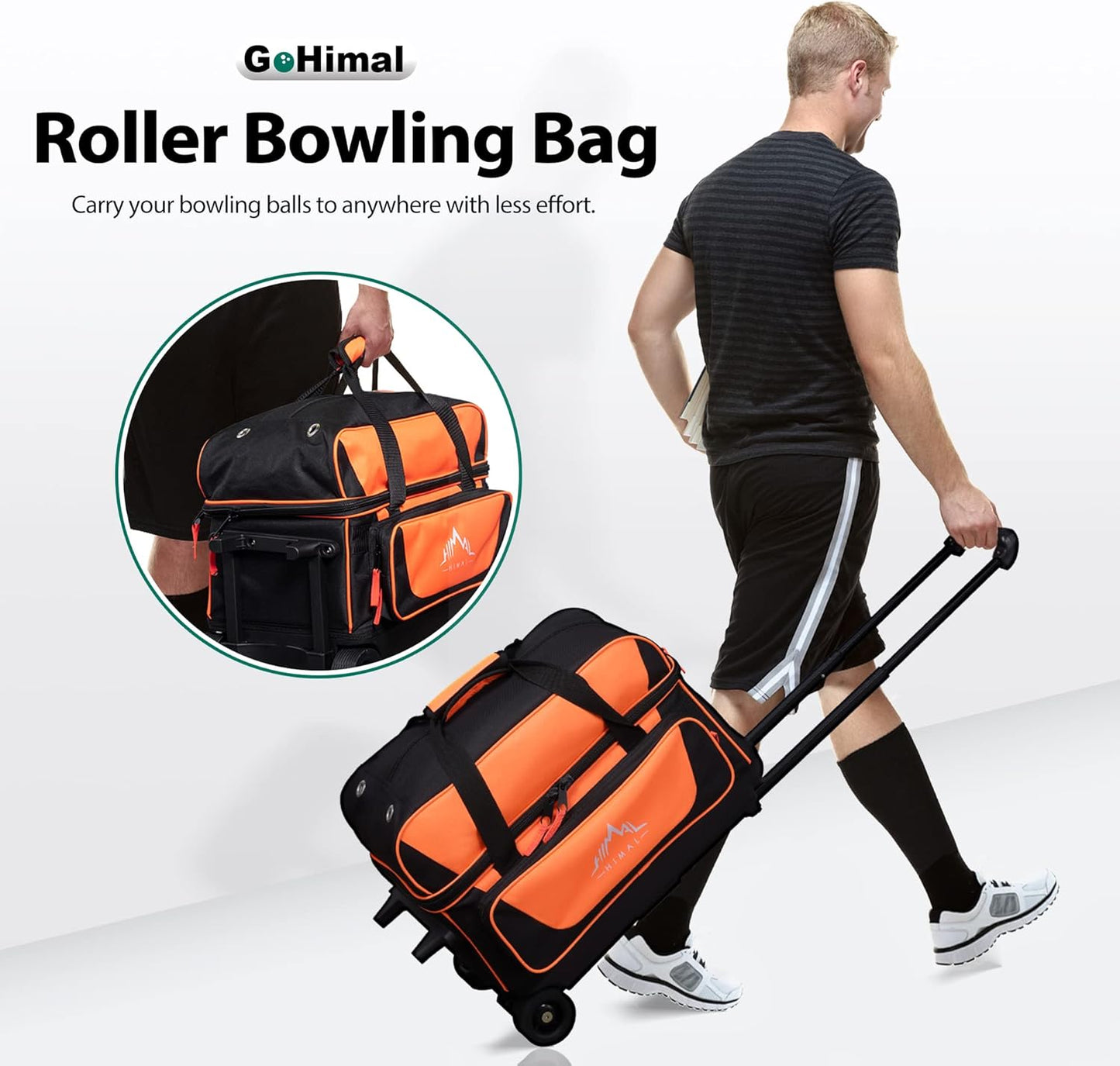 Double Roller 2 Ball Bowling Bag with Separate Shoe Compartment for Bowling Shoes (Up To US Mens Size 15) and Oversized Accessory Pocket, Retractable Handle - Extends to 40"
