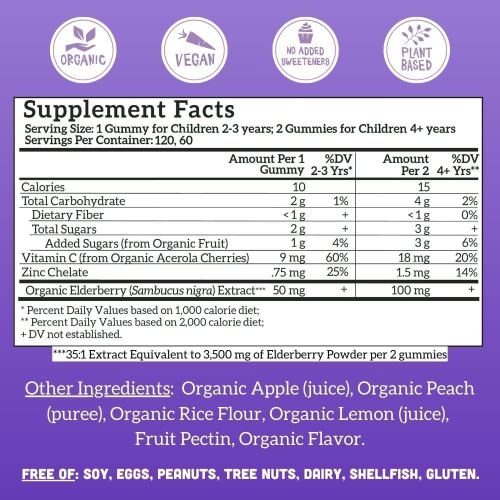 Llama Naturals Elderberry Gummies for Kids, Vegan, Organic Immune Support Supplement with Vitamin C and Zinc, Toddler Real Fruit Gummy Vitamins for Immunity, Chewable, No Added Sugar Cane, 120 Ct