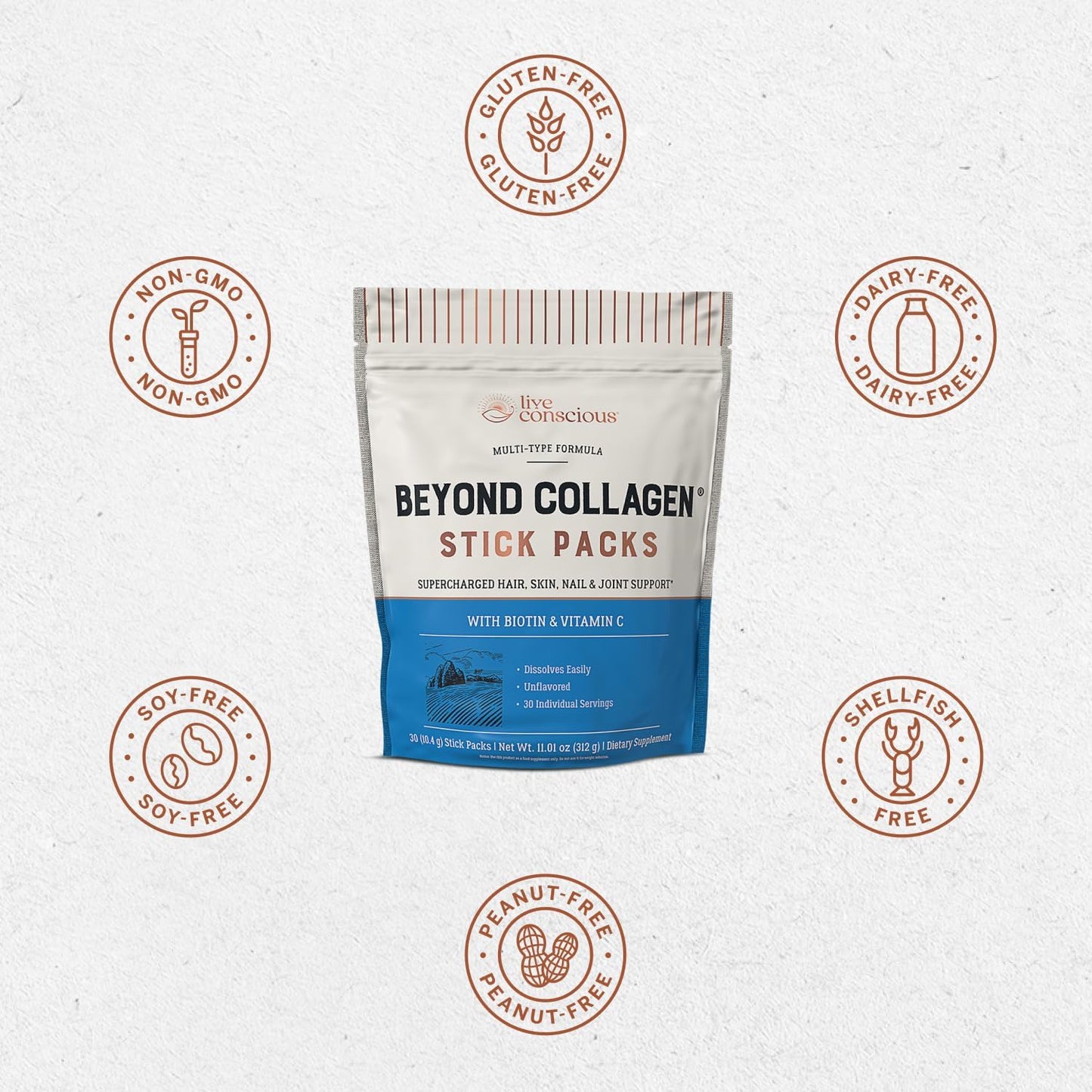 Live Conscious Beyond Collagen Peptides Powder Unflavored Packets - Hydrolyzed Collagen Powder - Hair Skin Nail & Joint Support - Multi Type Collagen Supplements for Women & Men