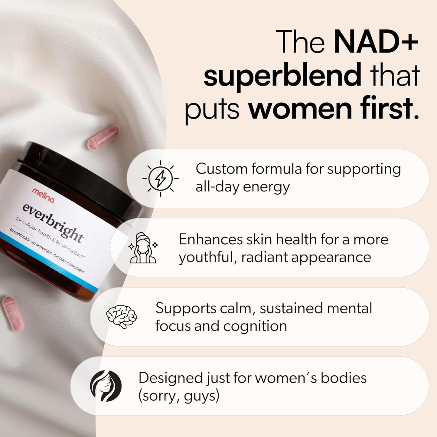 Melina Everbright NAD+ Supplement for Women's Energy & Longevity - Nicotinamide Riboside (NR), Pterostilbene, Citicoline, Astaxanthin - Anti-Aging, Focus, and Skin - 3rd Party Tested - 30 Servings