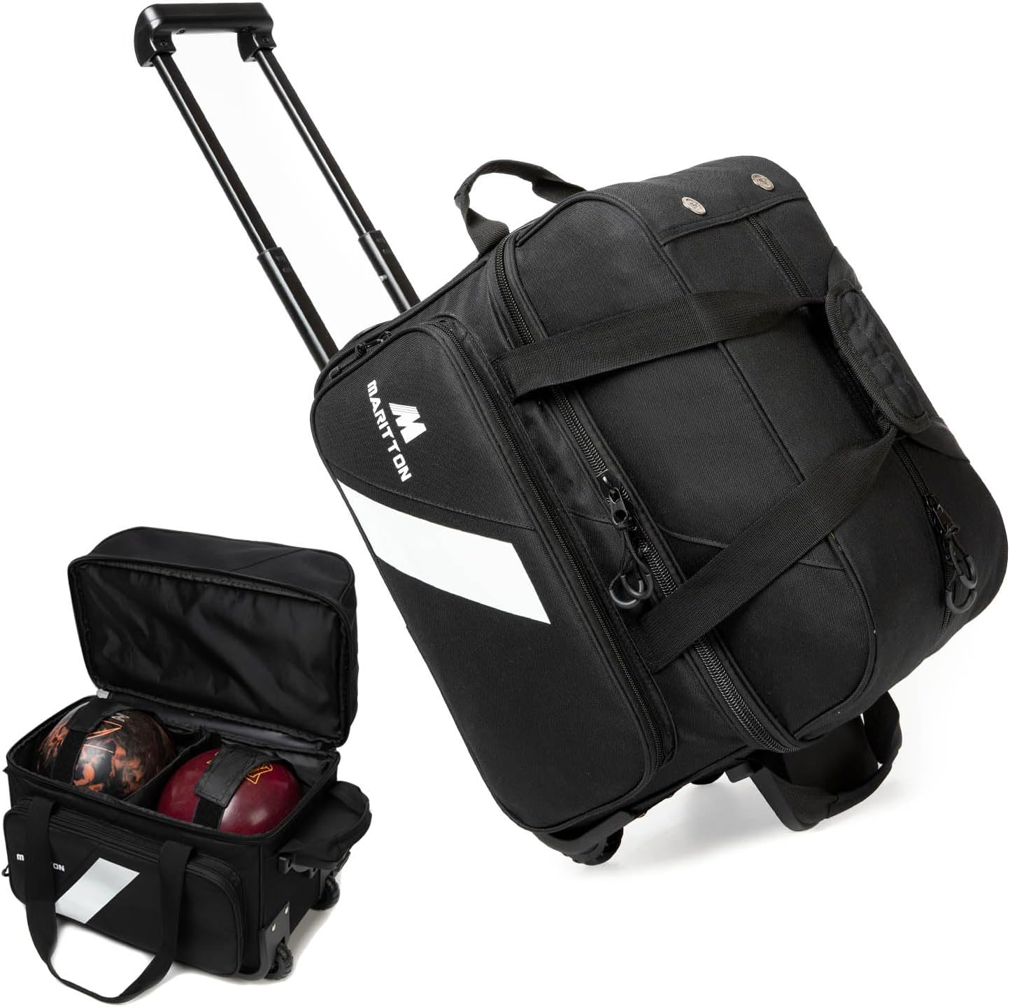 Bowling Bag with Wheels Double Roller 2 Ball Bowling Separate Shoe Compartment and Oversized Accessory Pocket, 36.6" Extendable Handle.