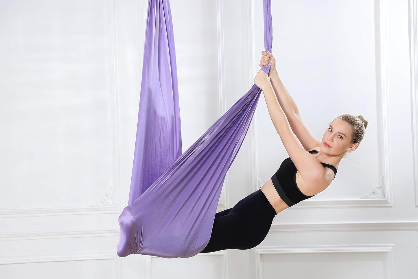 5.5 Yards Aerial Silks Yoga Swing Set - Aerial Yoga Hammock Kit Anti-Gravity Flying for Fitness, Low/Non Stretch Nylon Tricot Fabric Hardware Included for Dance