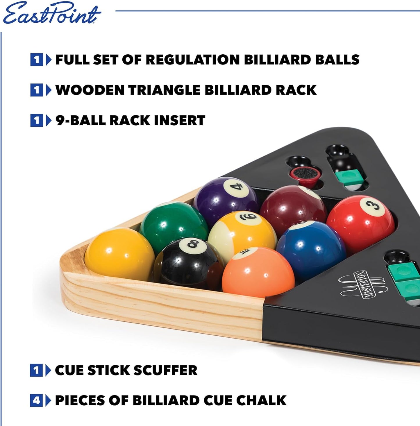 EastPoint Sports Masterton Billiard Ball Set - Full Set Tournament Spec Resin Billiard Balls - Wooden 8-Ball Rack with 9 Ball Insert - Includes Chalk and Scuffer