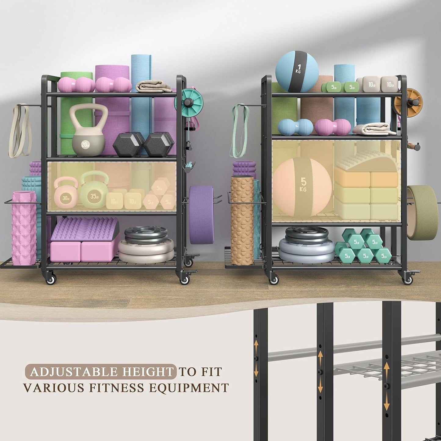 4-Tier Dumbbell Rack Stand Only, Adjustable Weight Rack for Dumbbells Kettlebells Yoga Mat, Home Gym Storage Rack with Wheels and Hooks, Powder Coated Finish