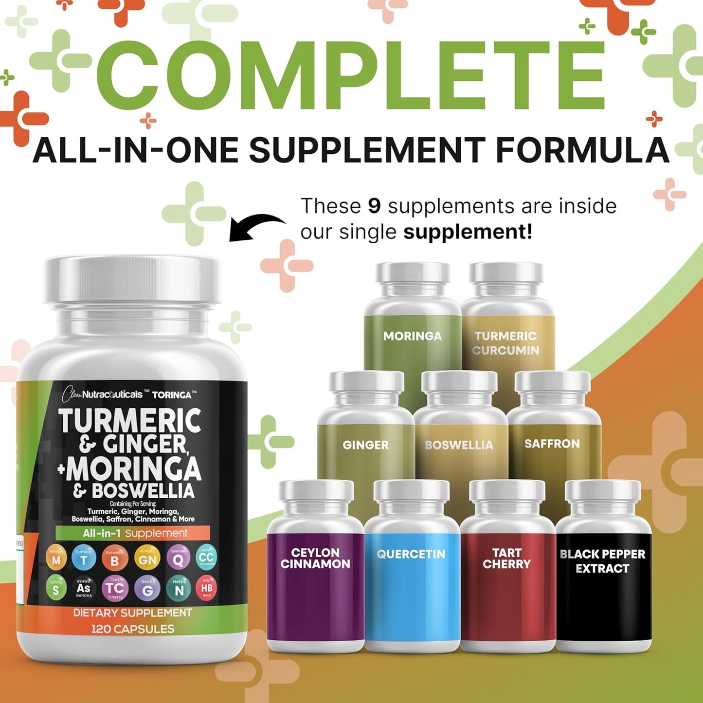 Turmeric Moringa Supplement | Ginger Boswellia Saffron - Supplement for Women and Men with Ceylon Cinnamon, Tart Cherry, Quercetin Garlic Nettle Holy Basil - 3Pack