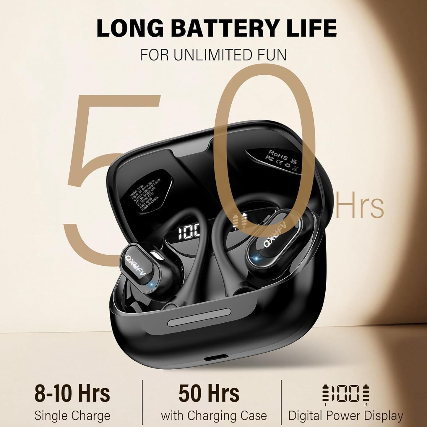 Open Ear Headphones, Bluetooth 5.4 Headphones Sports, Premium Sound with HD Mic Wireless Earbuds, 48H Playtime LED Power Display Ear Buds, IPX7 Lightweight Comfort Earphones for Running, Working