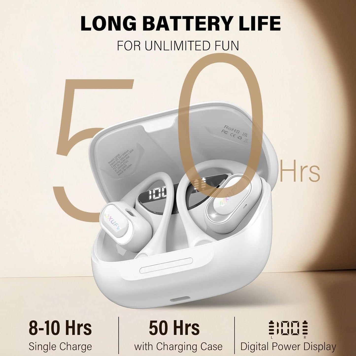 Open Ear Headphones, Bluetooth 5.4 Headphones Sports, Premium Sound with HD Mic Wireless Earbuds, 48H Playtime LED Power Display Ear Buds, IPX7 Lightweight Comfort Earphones for Running, White