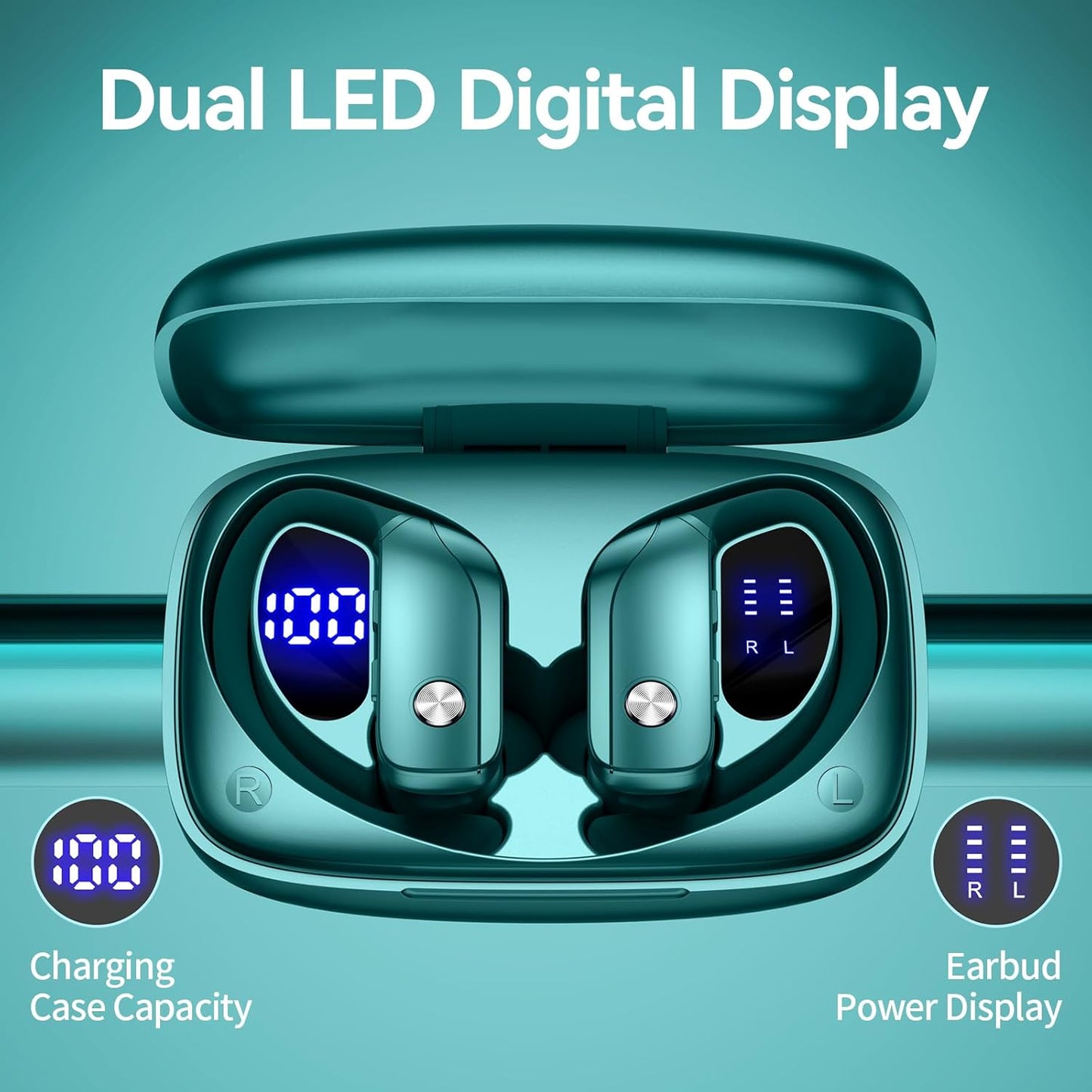 bmani Ear Buds Wireless Earbuds Bluetooth Headphones with 80H Playtime LED Display Case, Over-Ear Hook with Mic, Stereo Sound, Easy Button Controls, Sports Earphones for Running Workout Gym Green