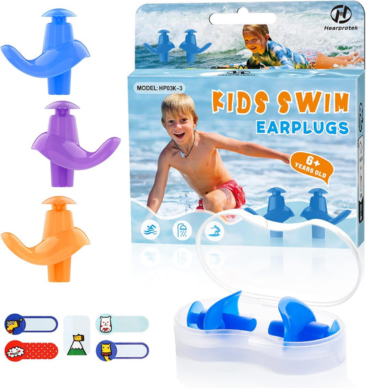 Hearprotek Swimming Ear Plugs, 3 Pairs Soft Waterproof Reusable Earplugs for Swimming Showering Bathing and Other Water Sports Suitable for 6+ Kids(Blue/Orange/Purple)