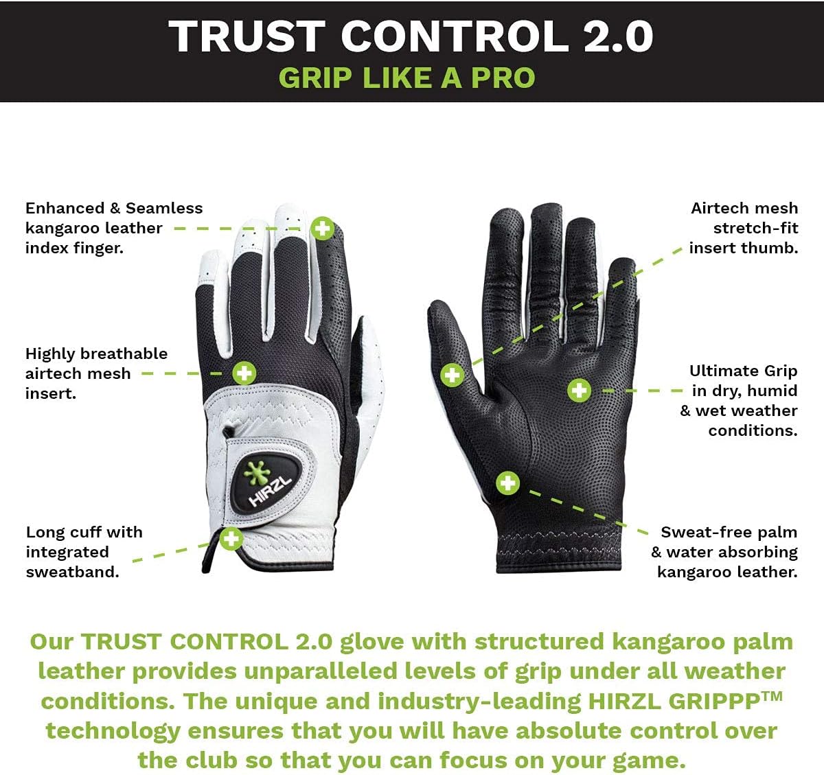 HIRZL Trust Control 2.0 Golf Glove, All Weather Mens Golf Glove, White/Black, Kangaroo Leather Palm, Cabretta Leather Backhand, Trusted by Pro’s, Sweat Free, Ultimate Grip