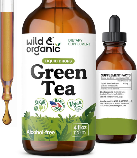 Wild & Organic Green Tea Extract Liquid Drops - Antioxidant-Rich Green Tea Supplement - 2-Month Supply - Vegan, Sugar & Alcohol-Free Camellia Sinensis Tincture - 4 fl oz