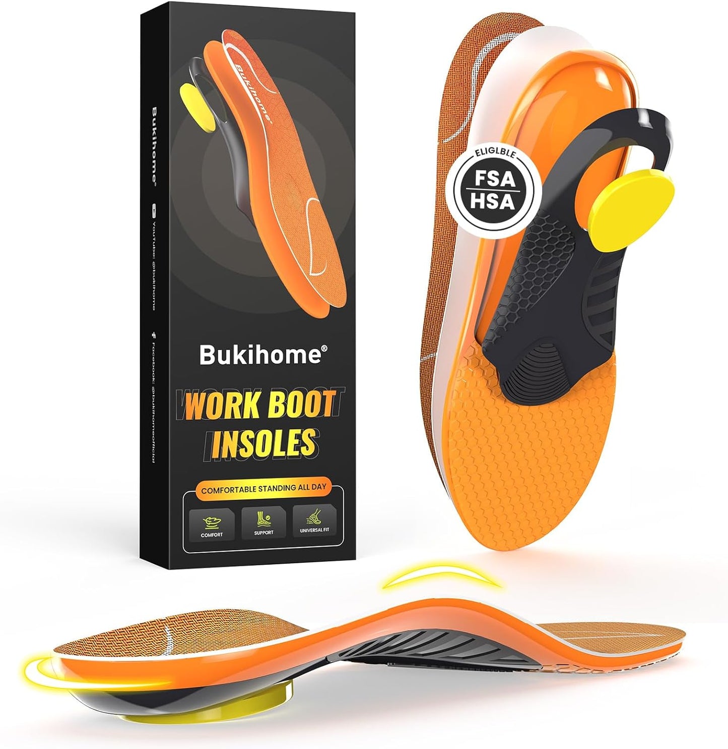 Bukihome Work Boot Insoles for Construction & Standing All Day - Heavy Duty Orthotic Shoe Inserts with Shock Absorption, Arch Support & Fatigue Reduction Durable Support Fits Work Boots -2XL