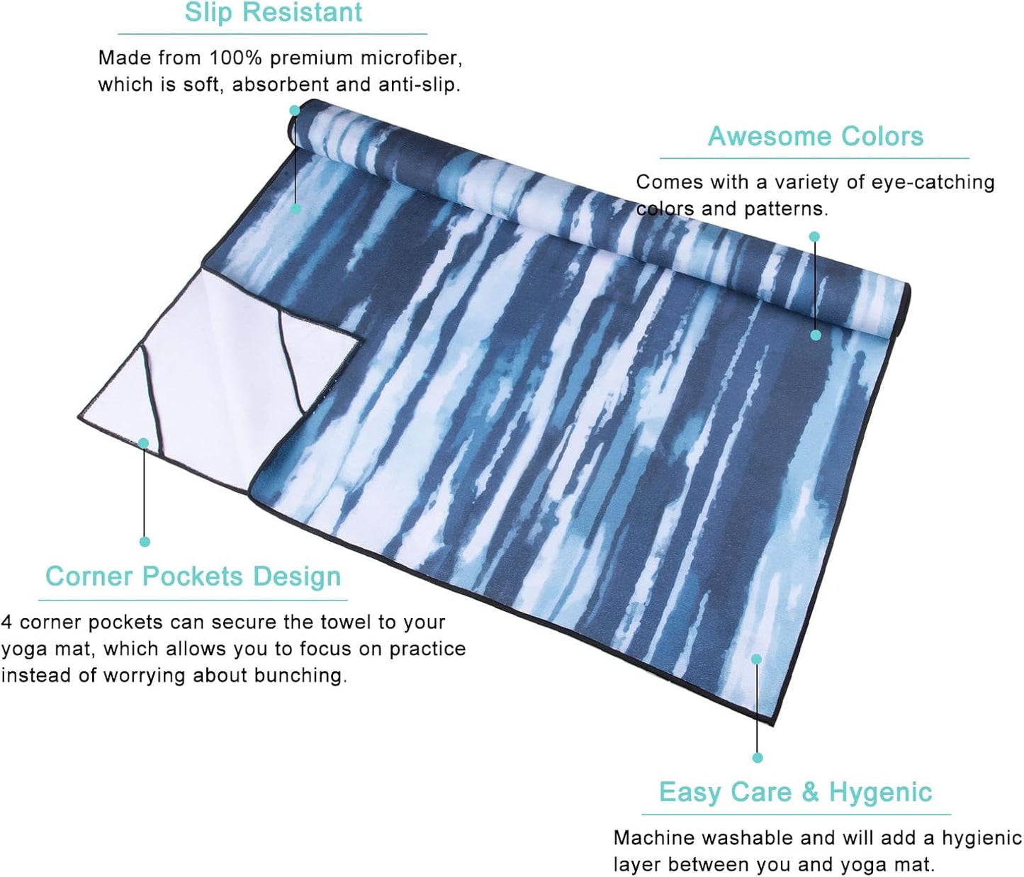 QiyI Yoga Mat Towel with Corner Pockets, Non Slip Sweat Absorbent Hot Yoga Towels, Soft Yoga Blankets with Travel Bag, Skidless Mat Cover for Workout, Gym, Fitness - 70"x26", Blue White Tie Dye