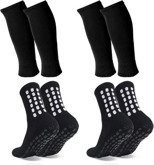 2 Set Grip Soccer Socks with Shin Guard Sleeves Non Slip Soccer Leg Sleeve Socks for Men Women