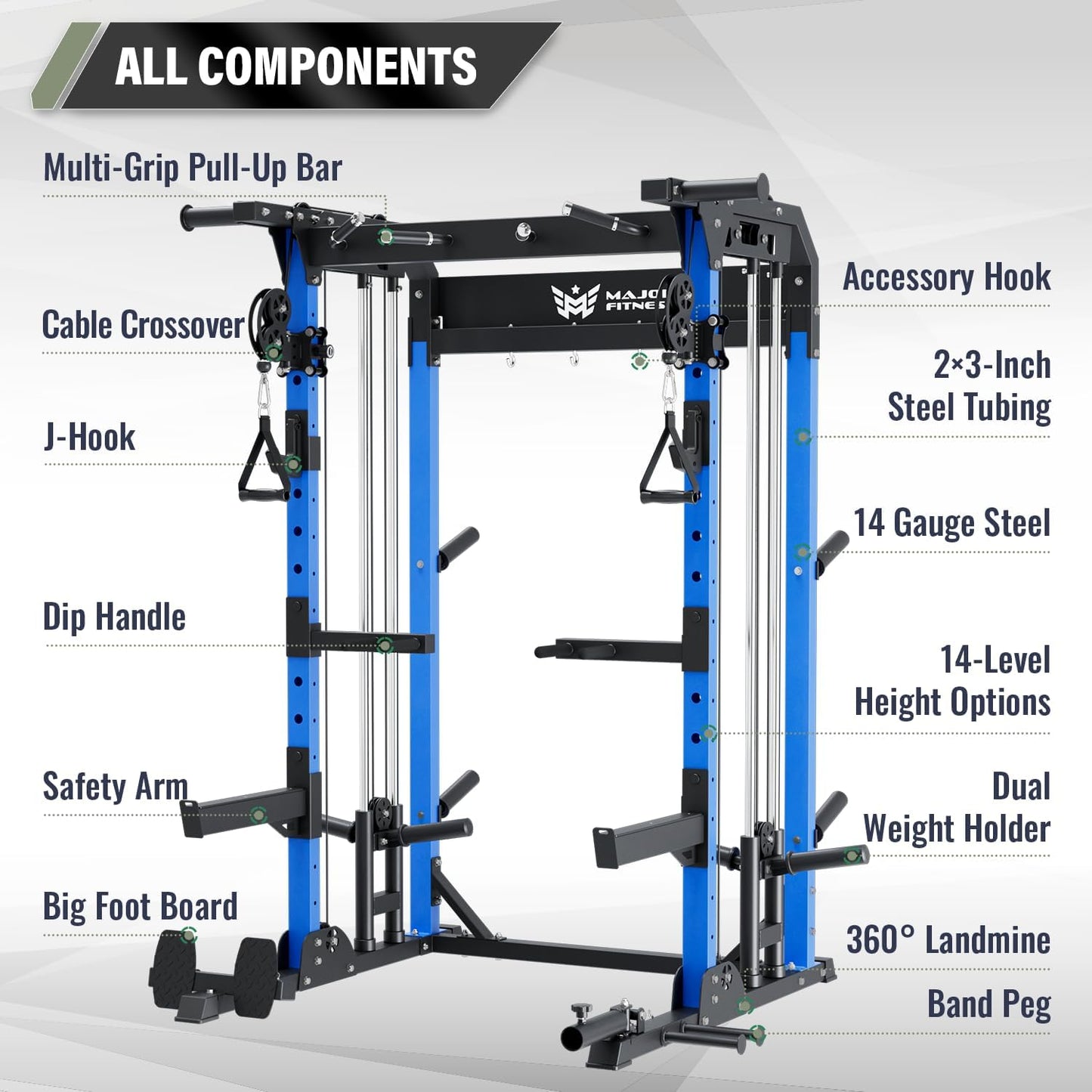 MAJOR FITNESS F22 Multi-Functional Power Rack—1600lbs Capacity All-in-One Squat Rack with Dual Pulley System for Home Gym Strength Training
