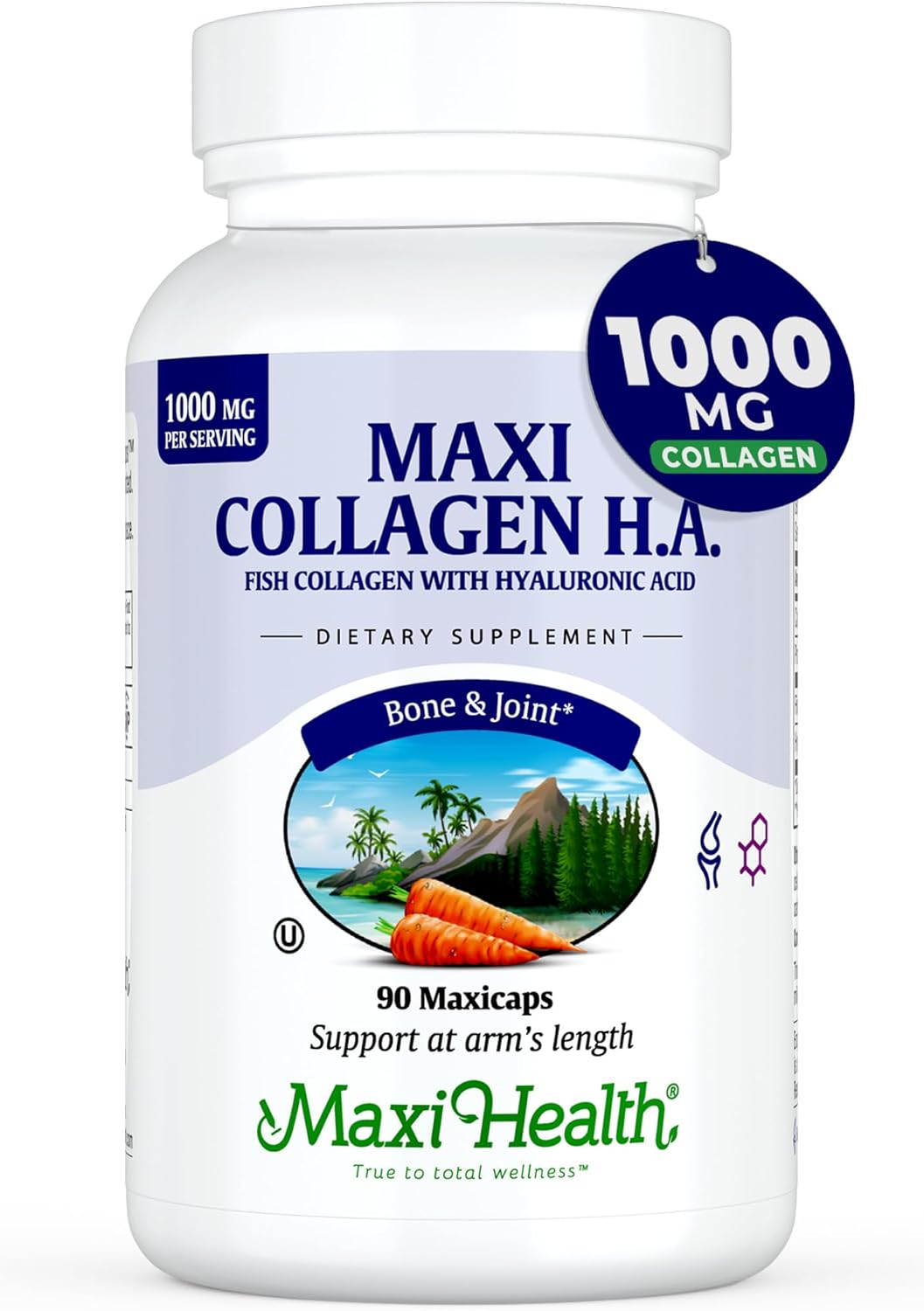 Maxi Health Marine Collagen Pills – 1000 mg Type 1 Collagen for Women & Men with Hyaluronic Acid Supplement for Joint & Skin Support – Unflavored, Clean Kosher Capsules (90 Maxicaps)