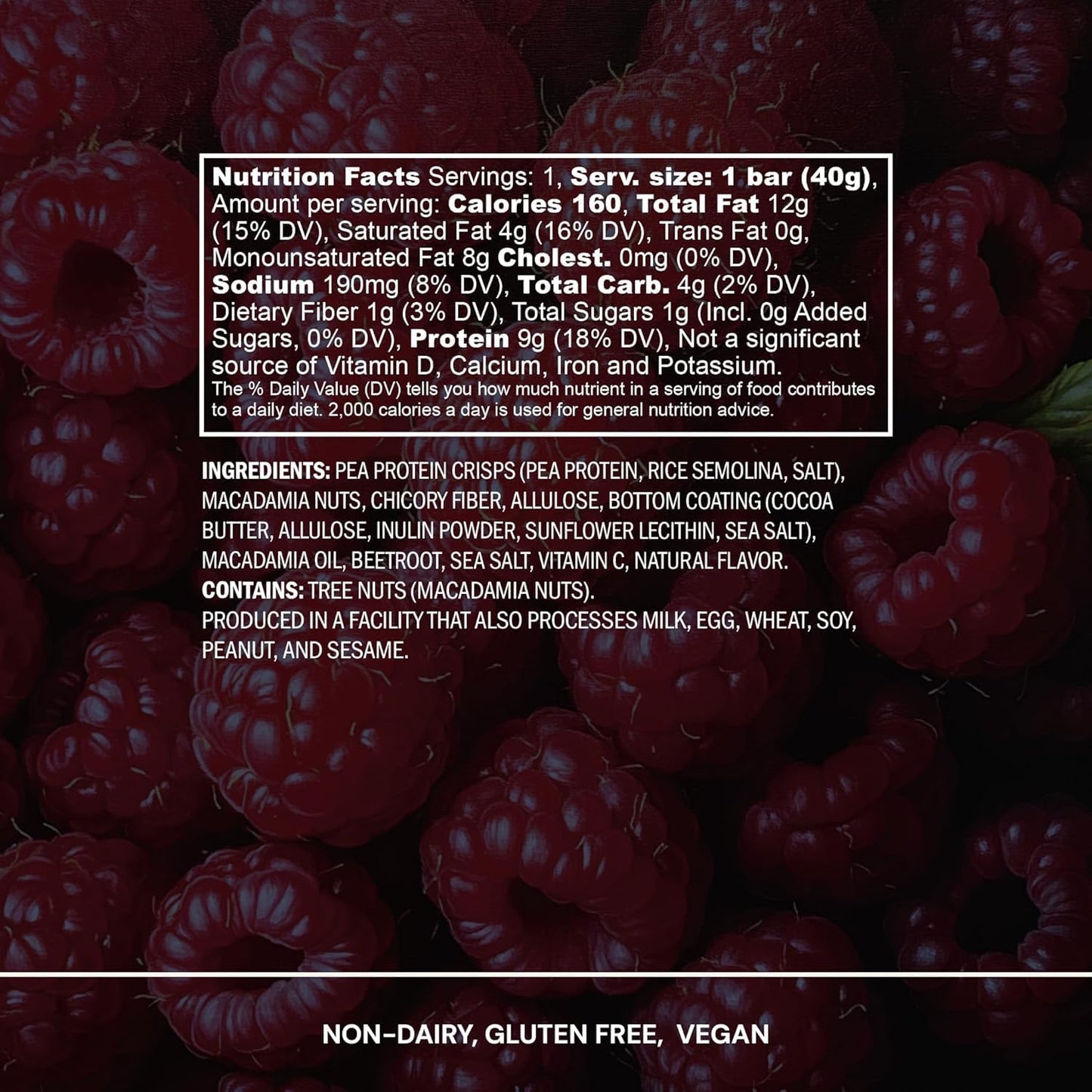 Blueprint Bryan Johnson Macadamia Nut Protein Bar - 9G Plant Protein - Healthy Fats - Supports Muscle Growth - Low Carb & Sugar - Natural Ingredients - Vegan Keto Snack (Raspberry - 12 Pack)