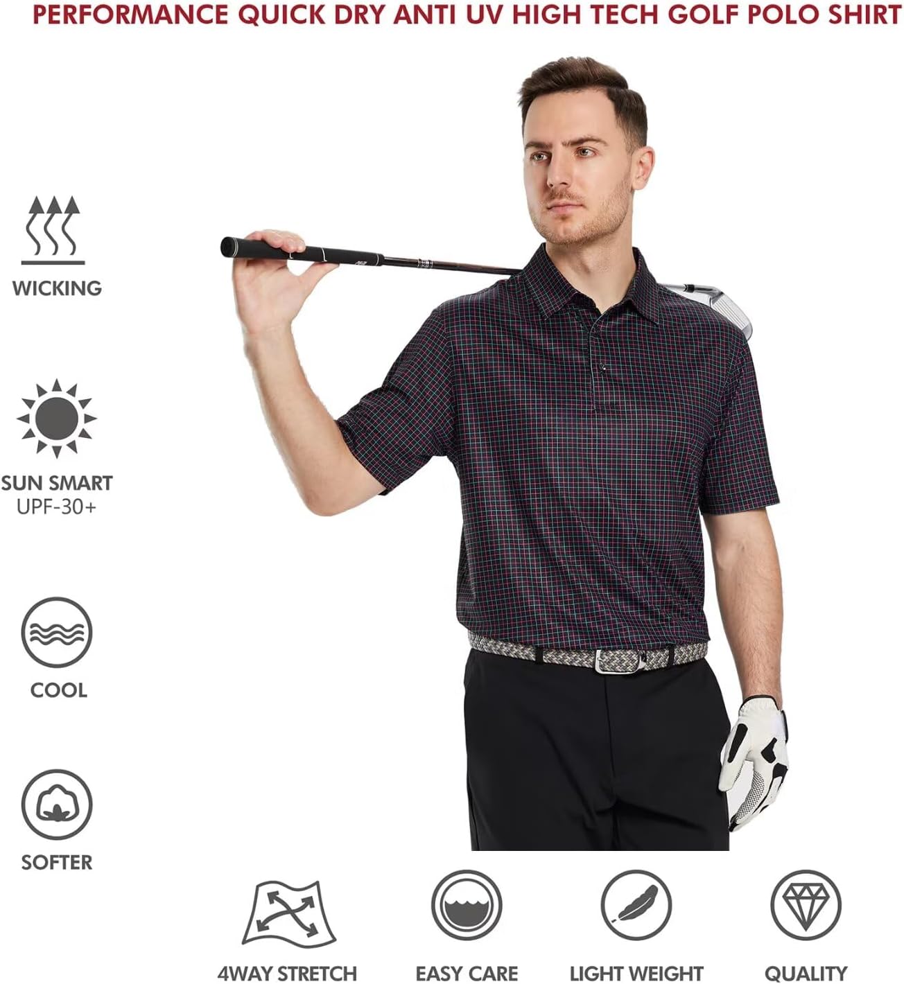 Men's Golf Polo Shirts Short Sleeve Striped Performance Moisture Wicking Dry Fit Golf Shirts for Men