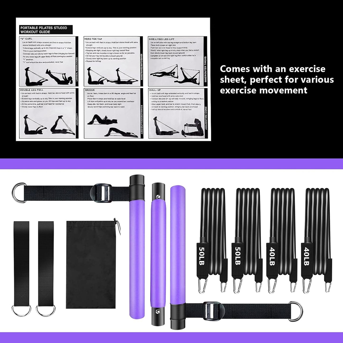 Pilates Bar Kit with Resistance Bands,Pilates Bar with Stackable Bands Workout Equipment for Legs,Hip,Waist and Arm,Exercise Fitness Equipment for Women & Men Home Gym Yoga Pilates