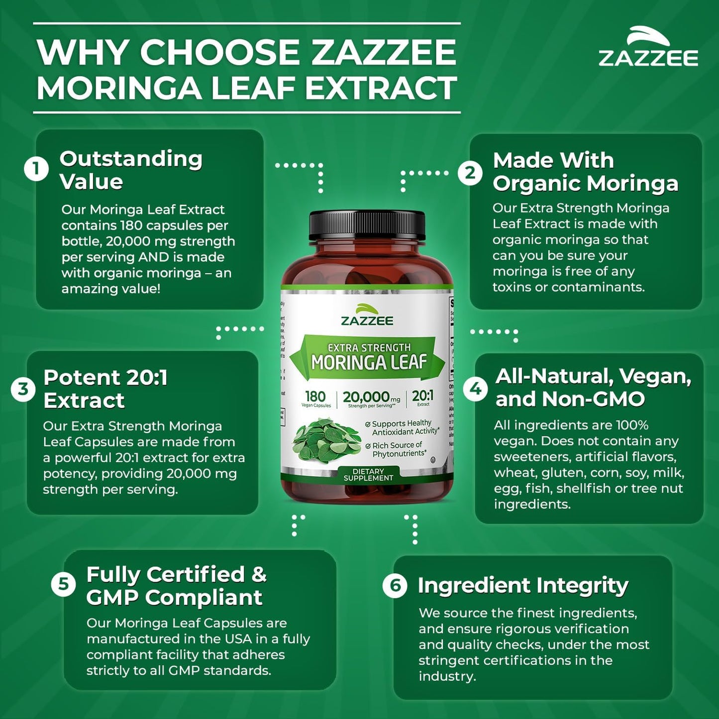 Zazzee Organic Moringa 20:1 Extract, 20,000 mg Strength, 180 Vegan Capsules, 100% Pure Oleifera Leaf Superfood, Concentrated and Standardized 20X Extract, All-Natural, Non-GMO, Made in The USA