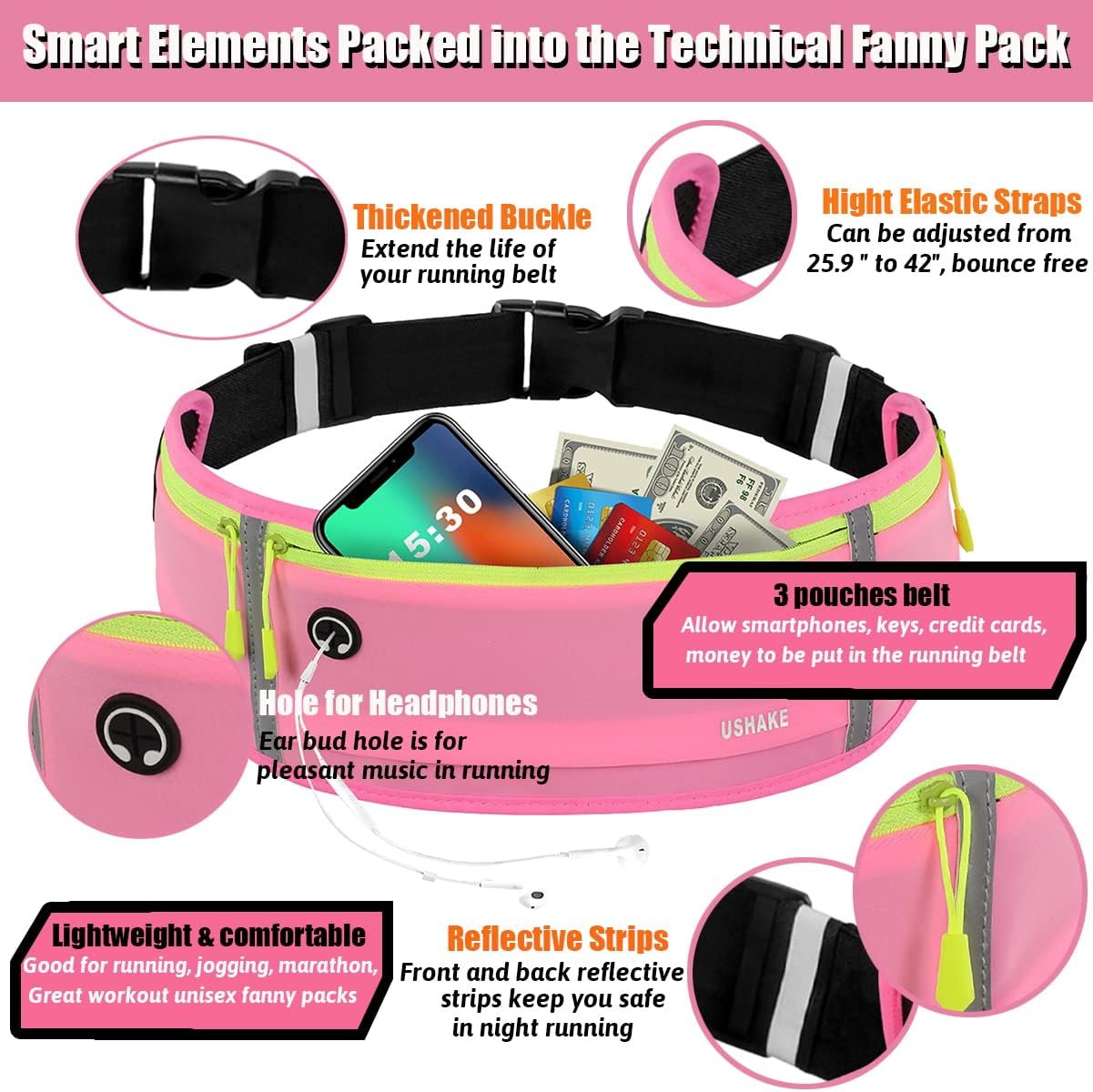 USHAKE Slim Running Belt, Workout Fanny Pack for Men Women,Exercise Waist Pack for Apple iPhone Holder, Runner Belt for Running Walking Cycling Camping Gym