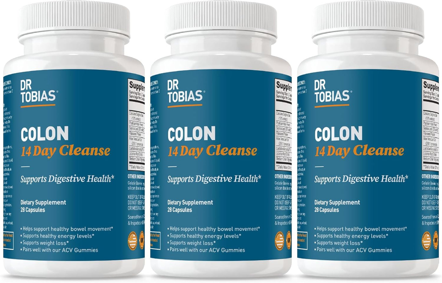 Dr. Tobias Colon 14 Day Cleanse, Advanced Gut Cleanse Detox for Women & Men with Cascara Sagrada, Psyllium Husk, Senna Leaf & Probiotics, Non-GMO Colon Cleanse, 3 Bottles of 28 Capsules (1-2 Daily)