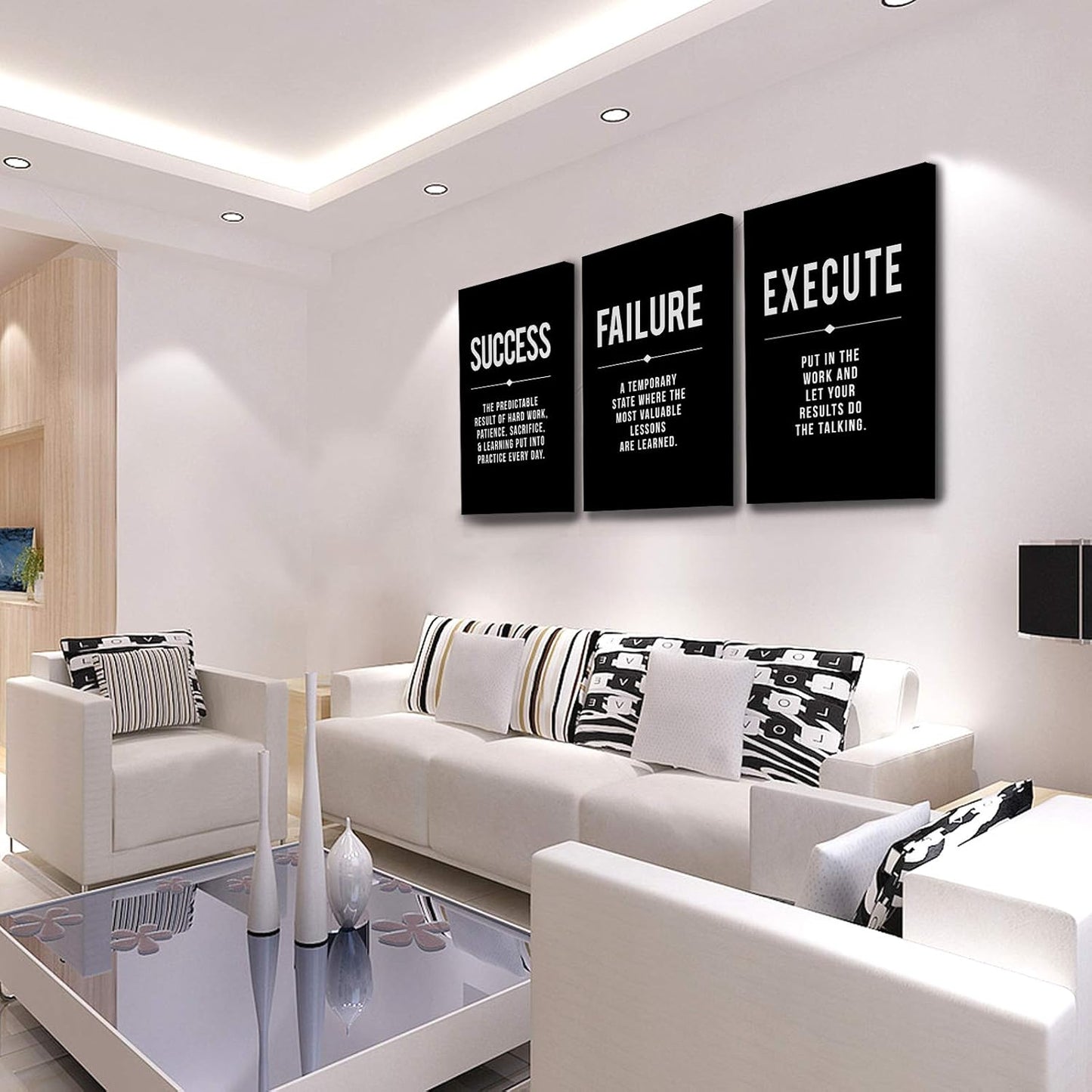 Framed Canvas Wall Art Success Quote, Office Wall Art, Black Large Poster, Positive Motivational Set of 3 Prints, Execute Failure Definition, Inspirational Print (A-3pcs,16x24inchx3pcs)