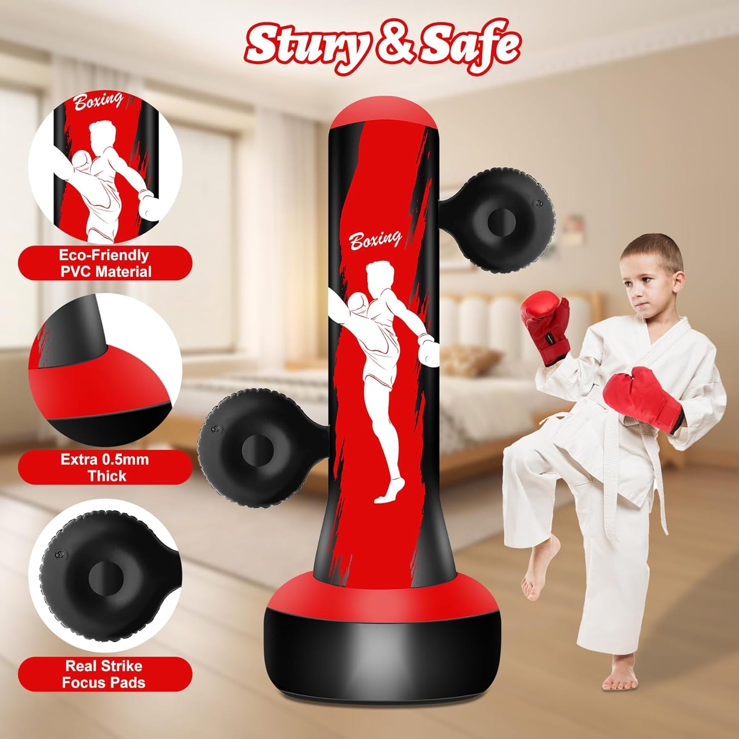 Punching Bag for Kids Teens Boys Girls, 69" Kids Punching Bag with Focus Pads & Gloves, Boxing Bag, Inflatable for Boys Girls Age 3-6-9-12-18 Christmas Birthday Toys