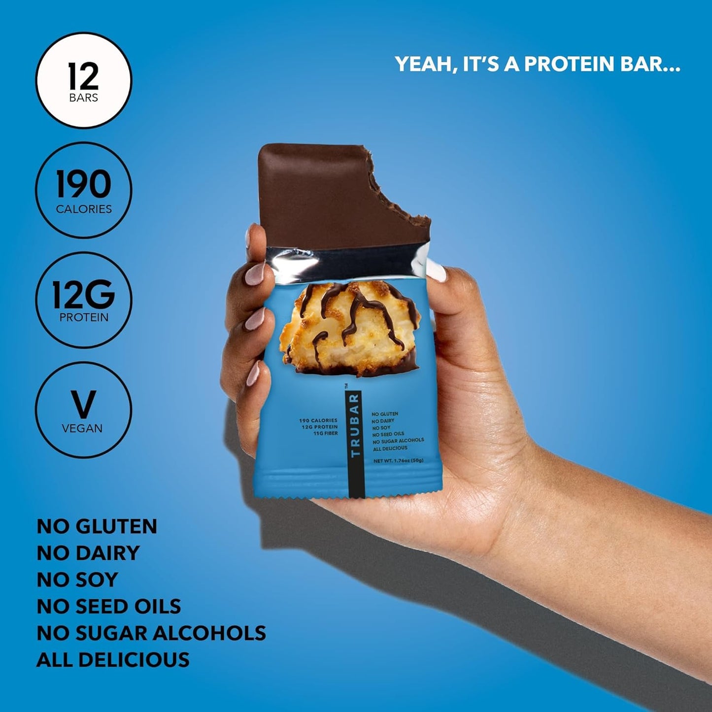 TRUBAR Vegan Protein Bar, Cocoa For Coconuts, Gluten Free, Plant Based Protein, Dairy Free, Non GMO, Soy Free, No Sugar Alcohols, 12G Protein, 12G Fiber, 23G Carb, On the Go Snack Bars, 12ct