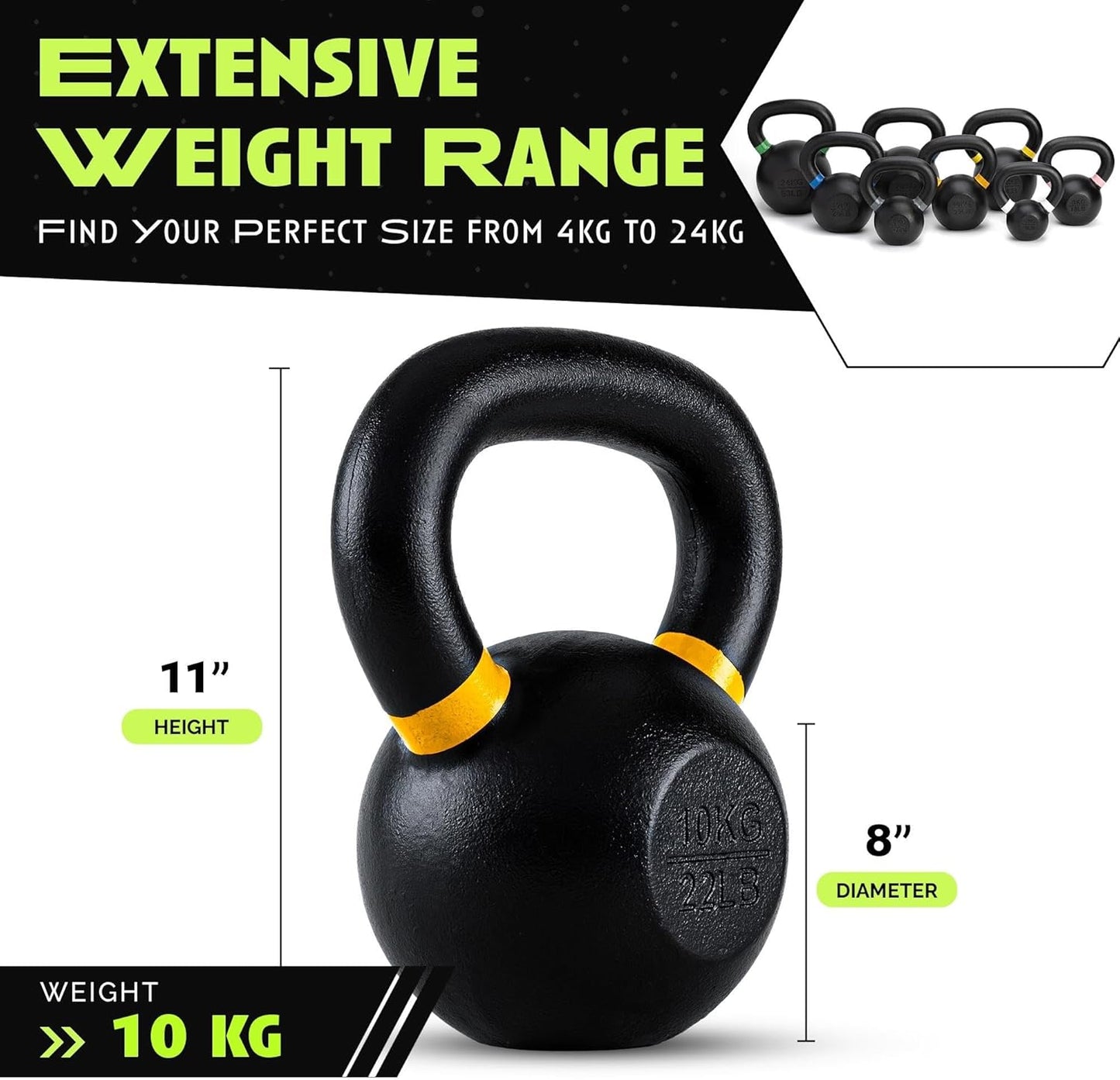 Single Cast Iron Kettlebell | Powder Coated - Wide Handle Weights for Core & Glute Workouts; Swings, Squats, Deadlifts; Strength, Endurance & Flexibility for Men & Women