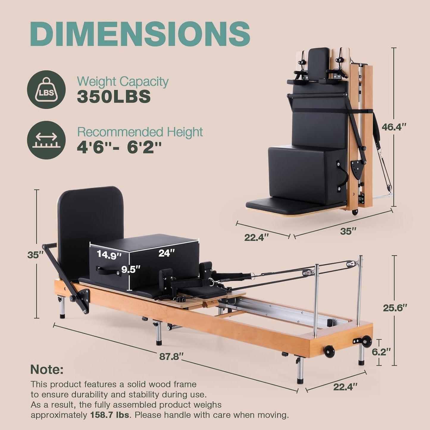 Pilates Reformer, ARKANTOS Reformer Pilates Machine Foldable Beech Wood Frame, Adjustable Resistance with Box and 2 Jump Boards, Easy Storage for Home Gym