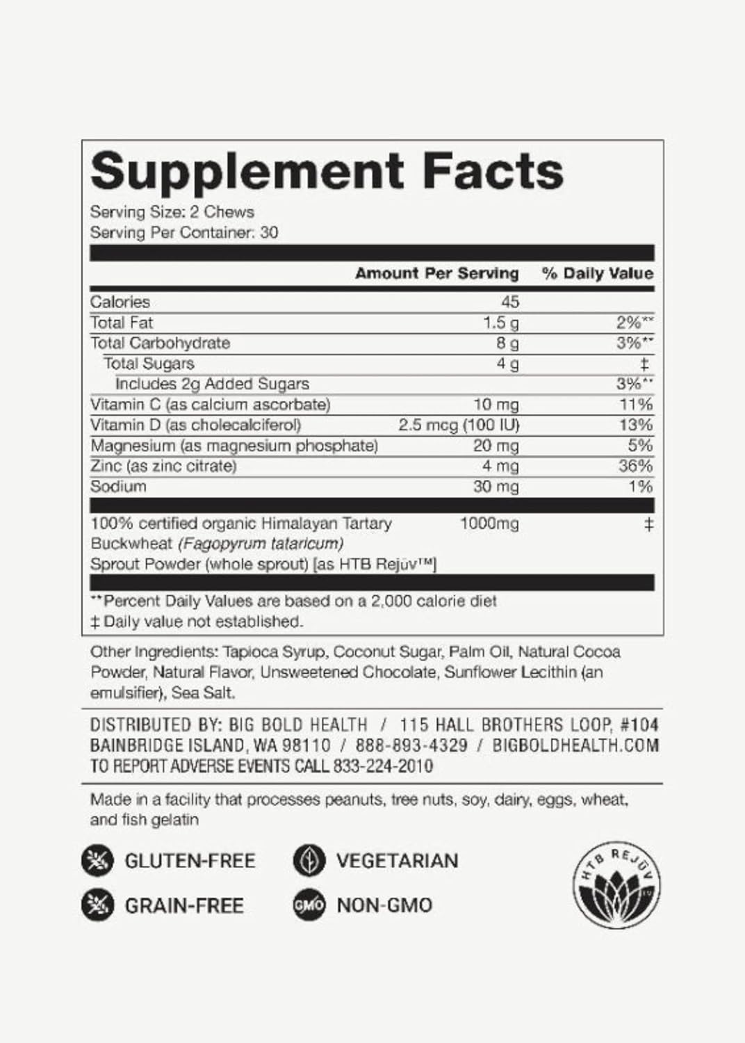 BIG BOLD HEALTH HTB Immune Energy Chews, Organic Sprouted Buckwheat with Vitamin D, Vitamin C, Zinc and Magnesium. Flavored with Delicious Real Cocoa Powder.
