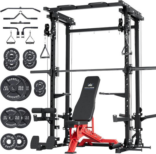 Major Fitness Drone3 Smith△ Machine – All-in-One Home Gym Squat Rack with Weight Bar, Cable Crossover Machine – Heavy-Duty Fitness Equipment for Strength Training and Full-Body Workouts