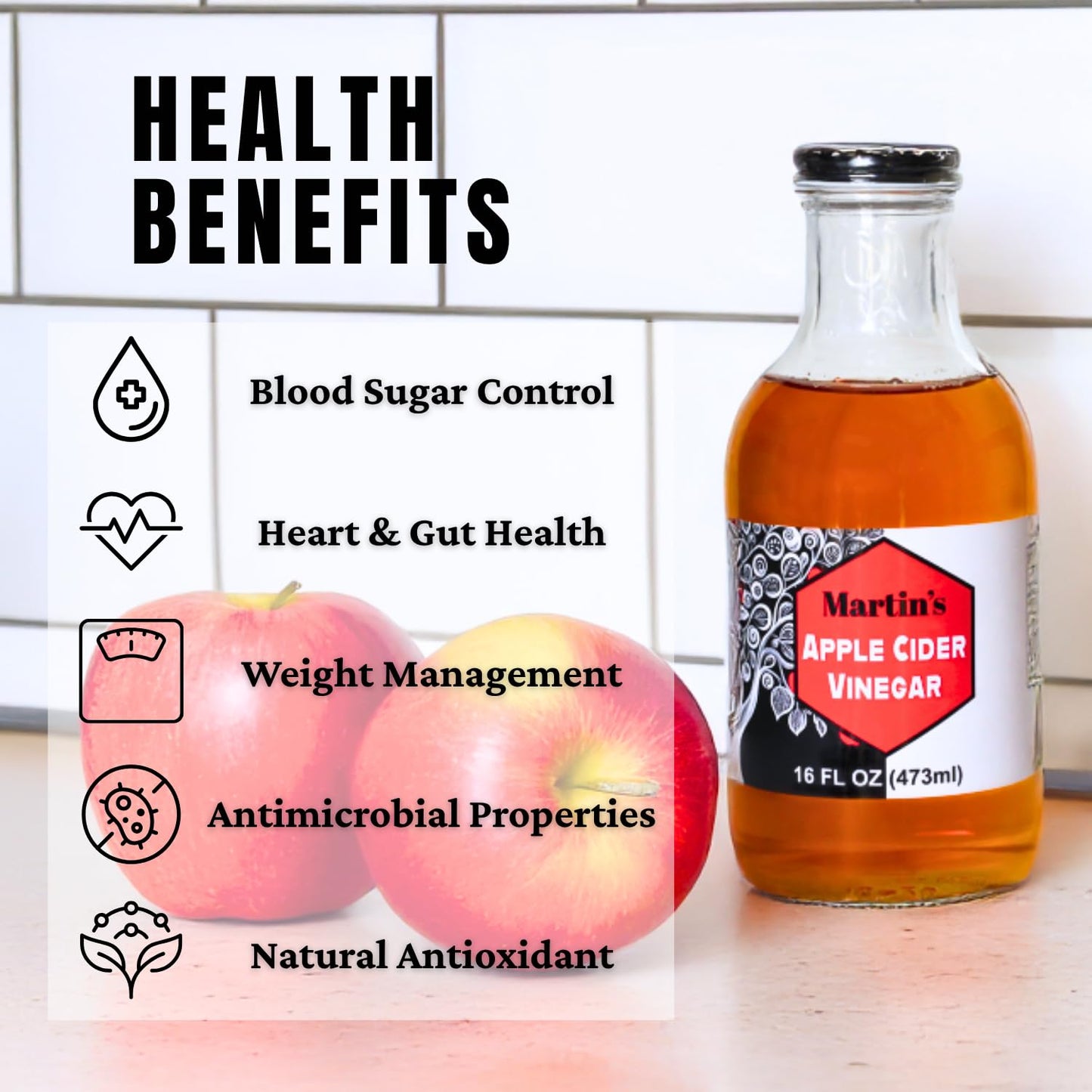 Slide Ridge Martin's Honey Apple Cider Vinegar | Crispy & Sweet | Wellness, Kitchen, & Household Staple | 16 oz (Pack of 2)