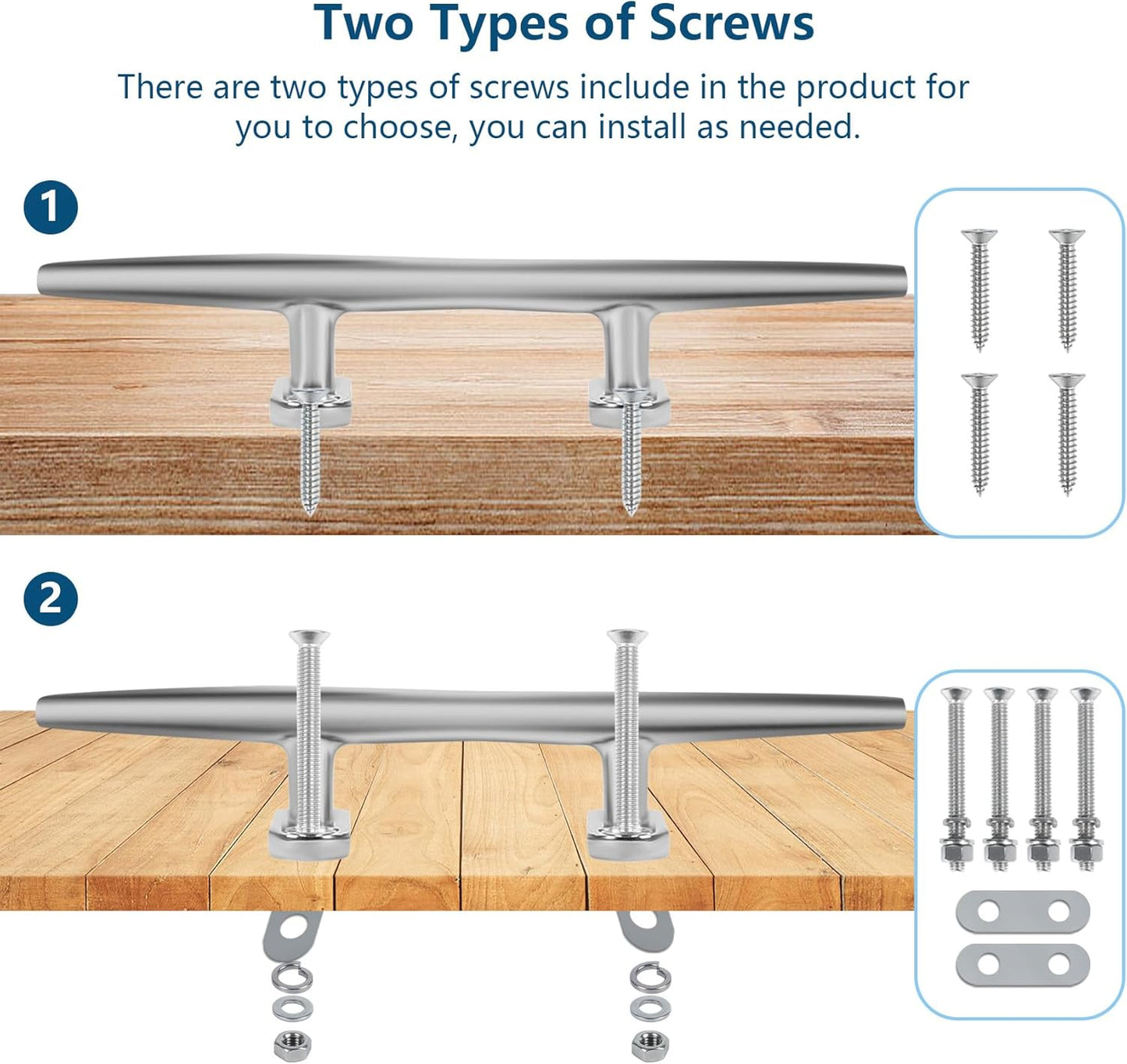 Boat Cleat 6 Inch 316 Stainless Steel, Dock Cleat 8 Inch Heavy Duty Open Base Include Screws, Boat Dock Cleats 10 Inch with Backing Plate for Boats, Kayak, Marine, Deck and Decor(2,4,6 Pack)