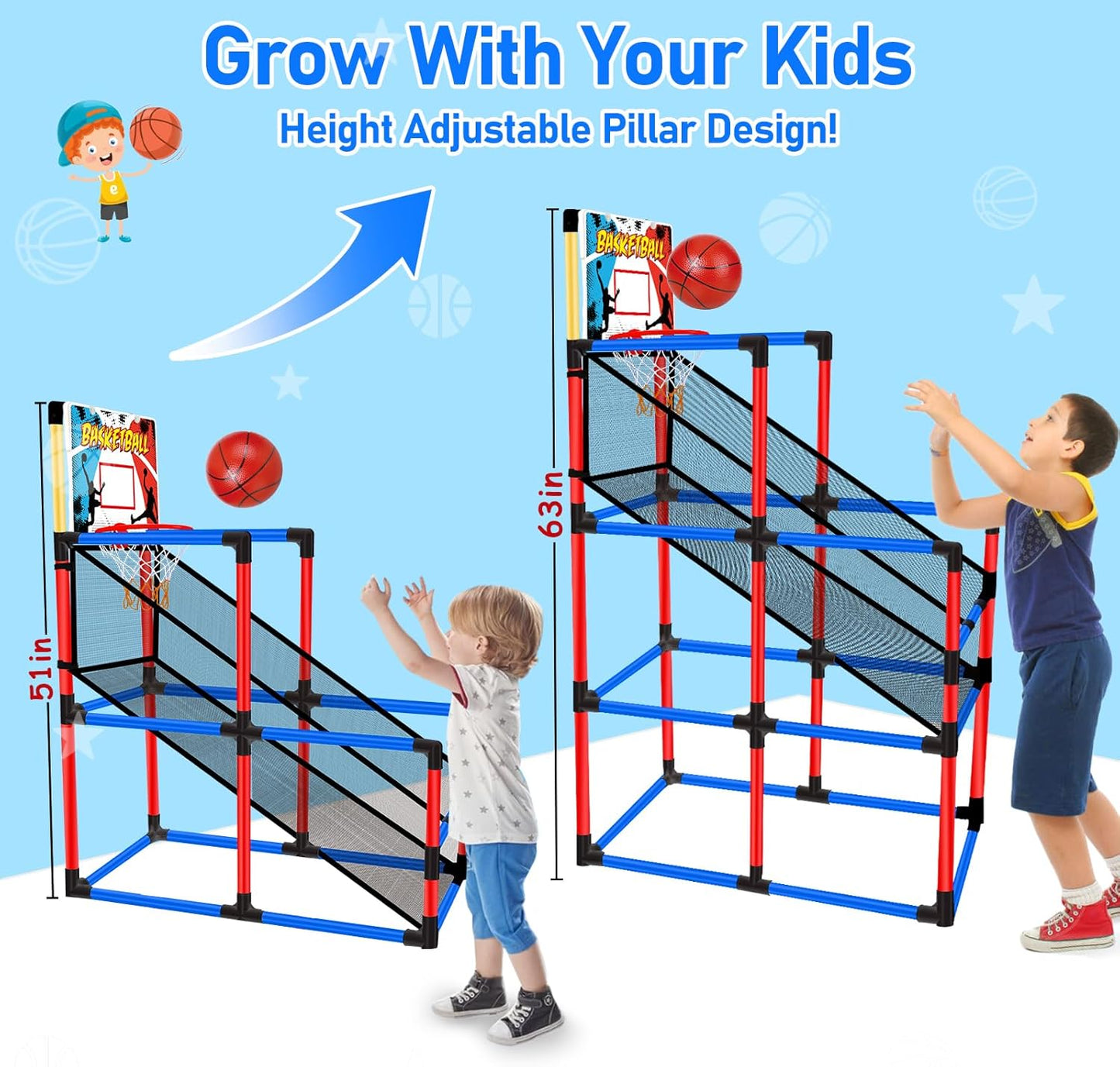 63" Arcade Basketball Game Set with 3 Balls Kids Basketball Hoop 3 to 12 Years Old Indoor Outdoor Sports Play - Easy Set Up - Carnival Basketball Toys Ages 3 4 5-7 8-12 Year Old Boys Birthday Gift