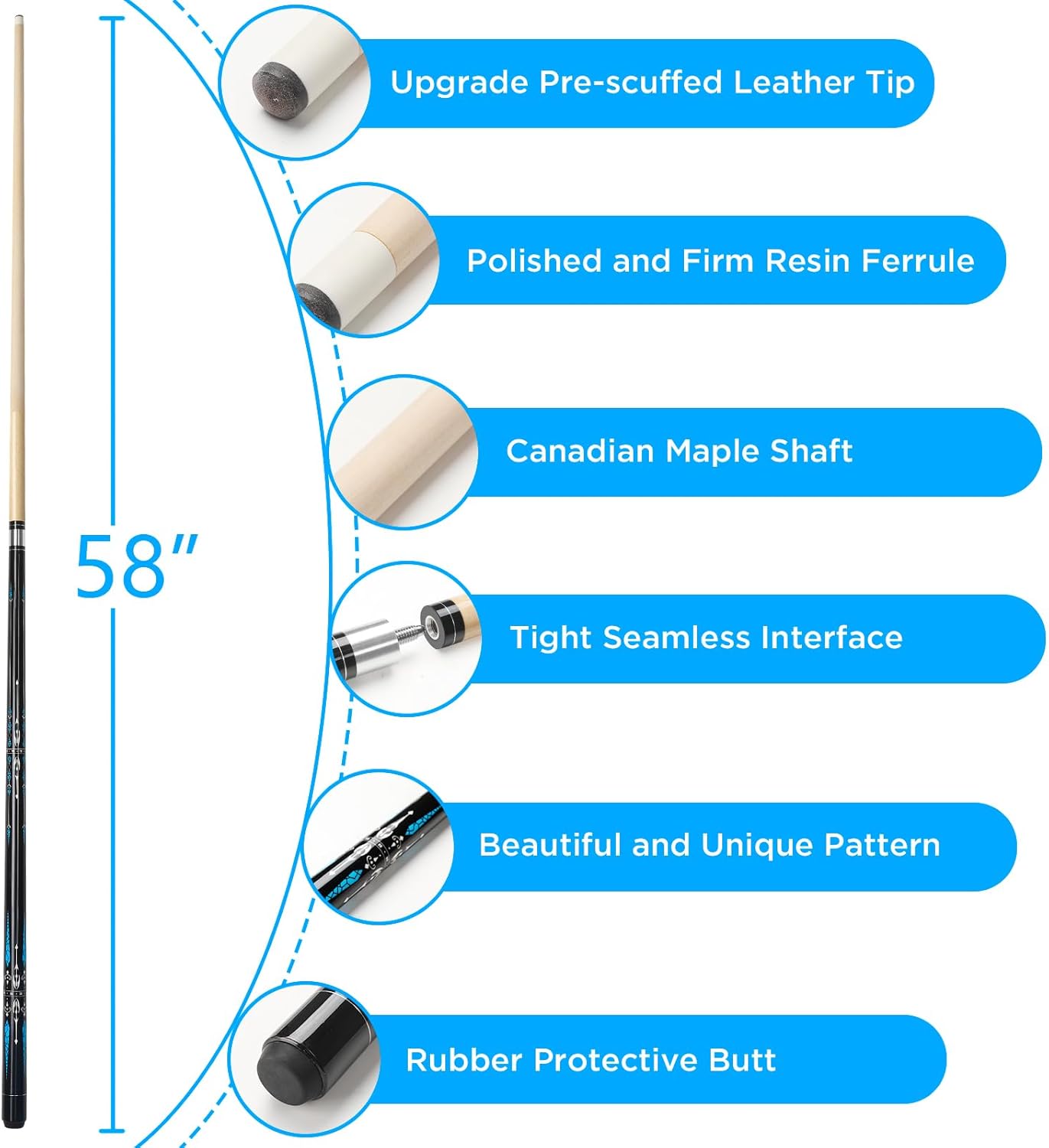 Pool Cue, 58" Billiard Cue Stick 2-Piece 13mm Maple Wood Pool Cue Stick 18 19 20 21oz for Bar House Pool Table Sports